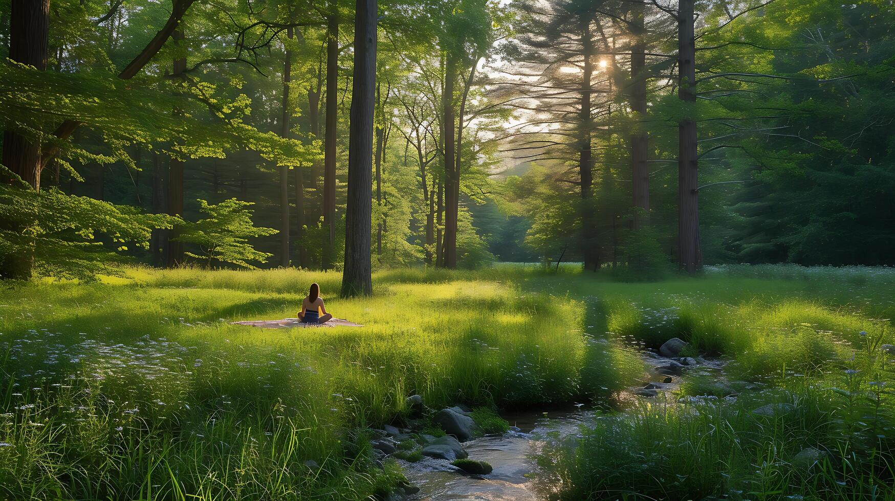 ai generiert still Wald Meditation Morgen Sonnenlicht Wildblumen und Gelassenheit foto