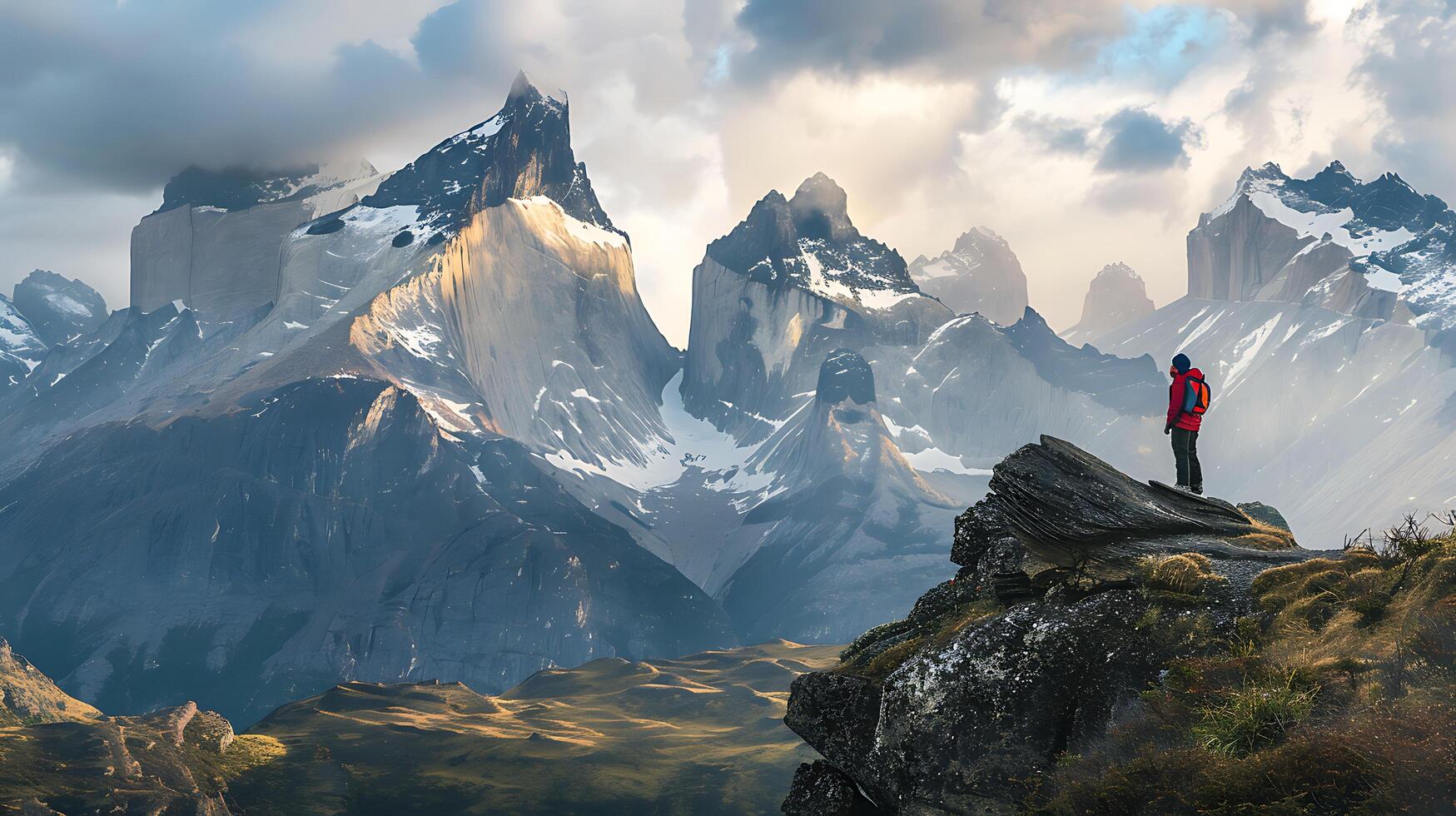 ai generiert Tourist überlegt majestätisch Berg Landschaft von Cliff oben foto