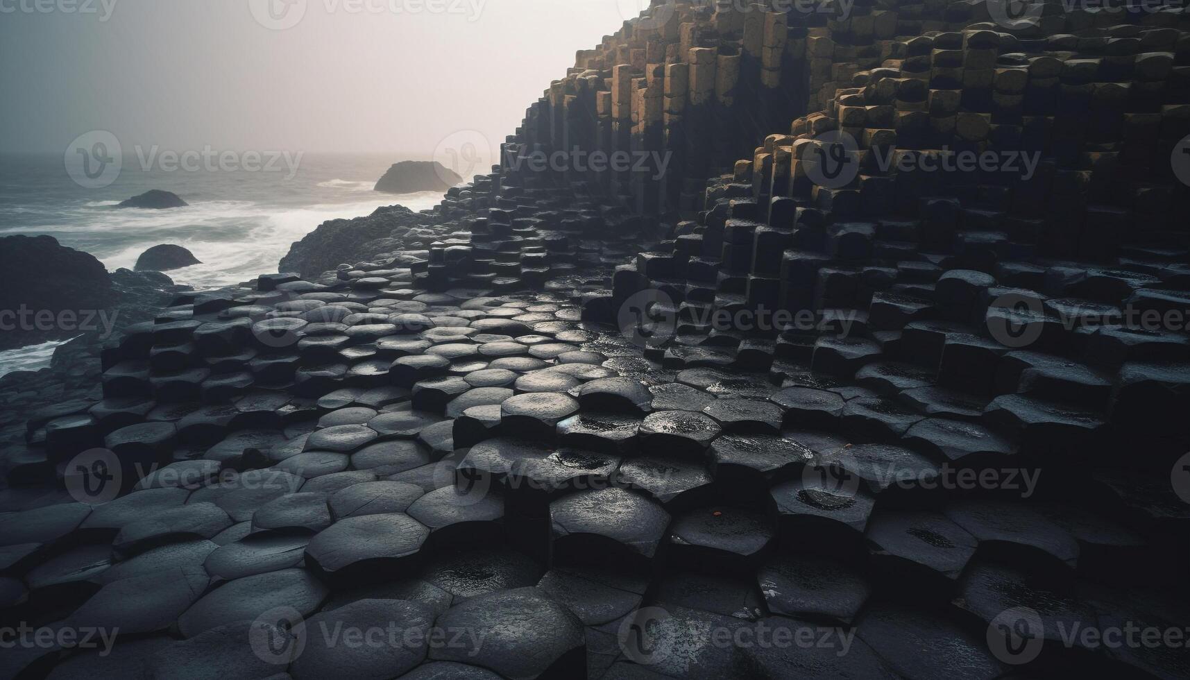 ai generiert Hexagon Basalt Klippen erstellen Riesen Damm Landschaft generiert durch ai foto