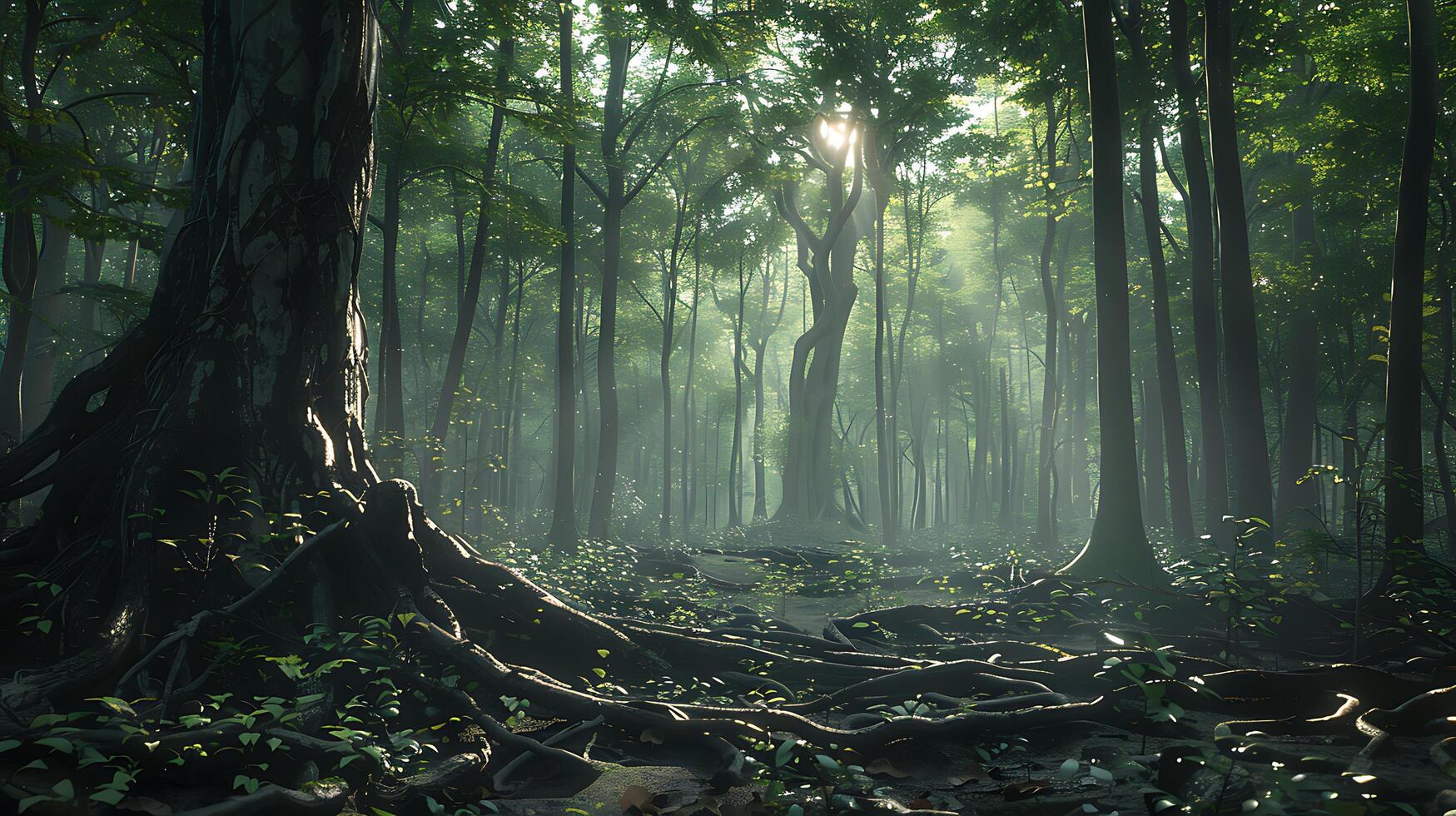 ai generiert sonnendurchflutet Wald breit Schuss erfasst hoch Bäume verheddert Wurzeln und Sonnenlicht Streaming durch das Blätter foto