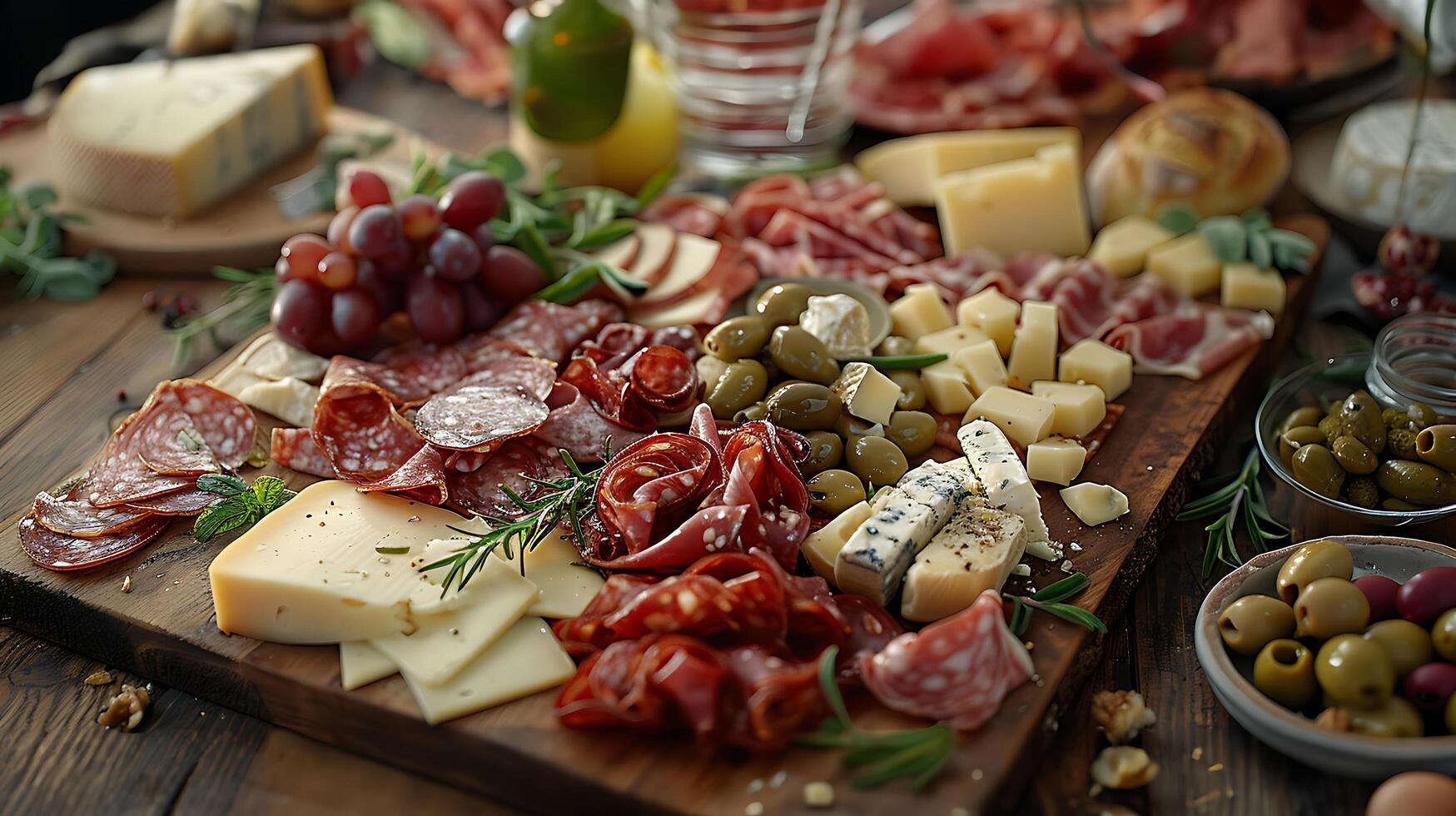 ai generiert köstlich Wurstwaren Tafel handwerklich Verbreitung auf rustikal Tabelle mit Käse Fleisch Oliven und Brot foto