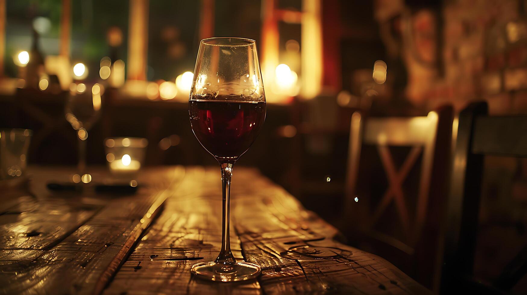 ai generiert gemütlich Ambiente rot Wein Glas auf rustikal Tabelle gebadet im Sanft natürlich Licht foto