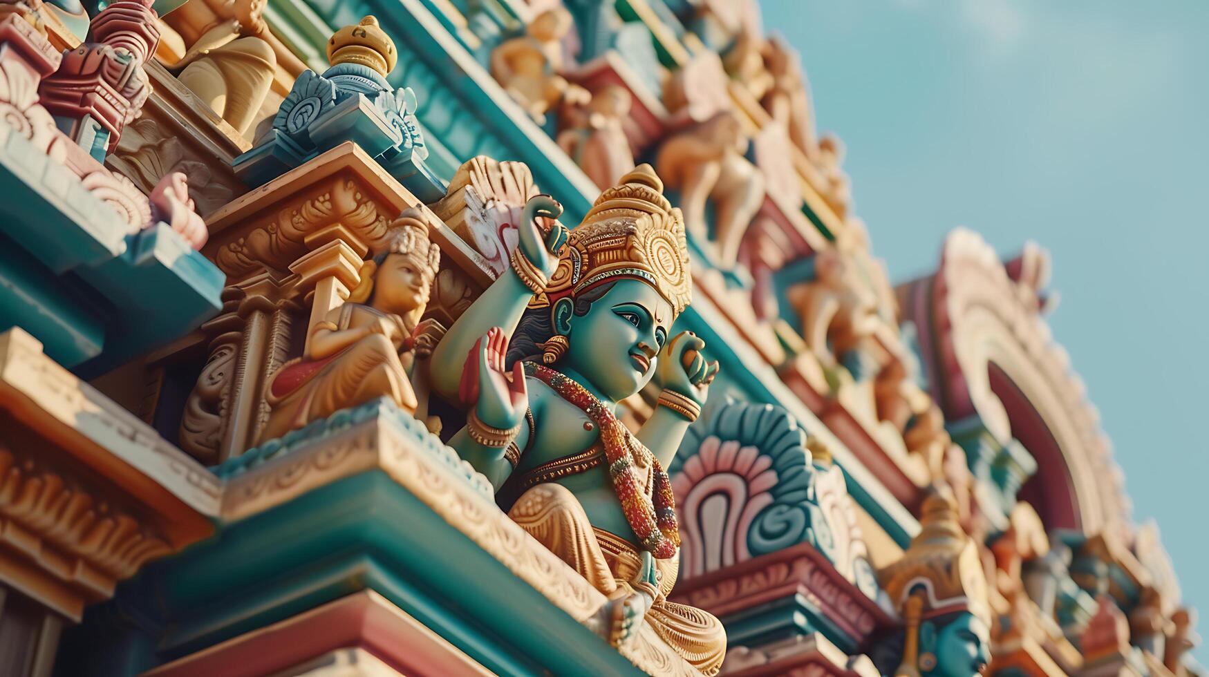 ai generiert beschwingt Hindu Tempel kompliziert Schnitzereien und bunt Skulpturen gegen klar Blau Himmel foto