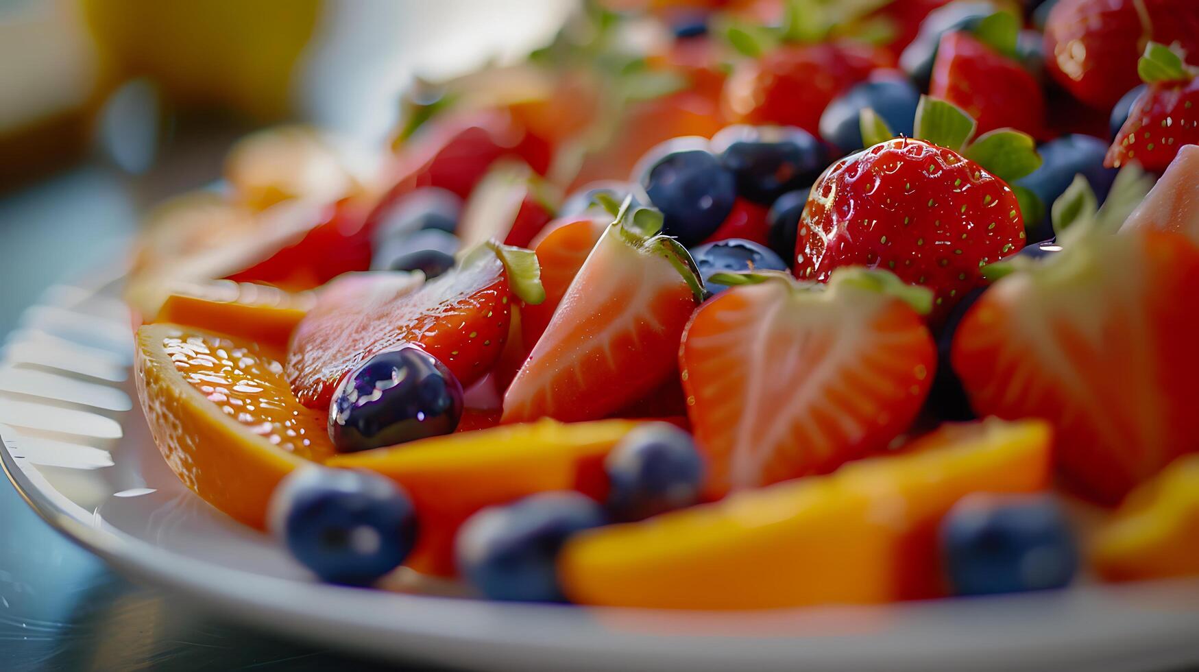 ai generiert beschwingt Obst Teller reif Erdbeeren saftig Blaubeeren und frisch Orangen vereinbart worden auf Weiß Teller Erfassen Frische und Textur foto