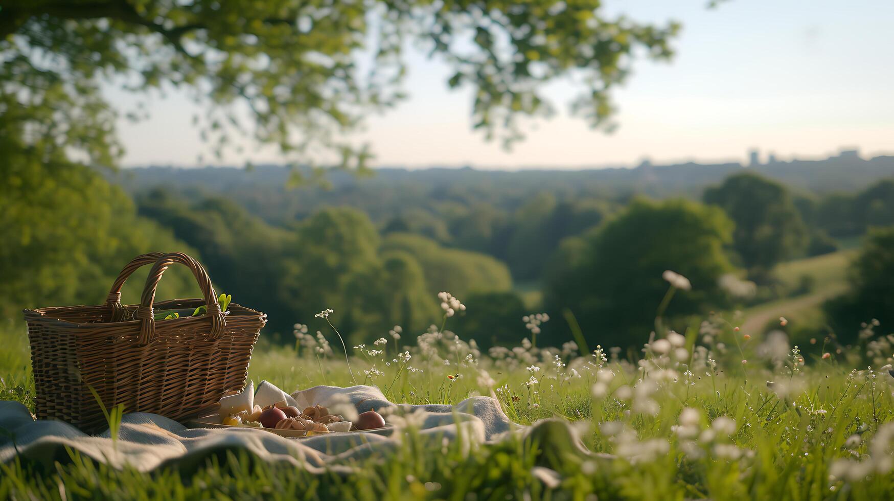 ai generiert glücklich Familie Picknick im Park kariert Decke Baum umgeben gesprenkelt Sonnenlicht Nahansicht 50mm Linse Schuss foto