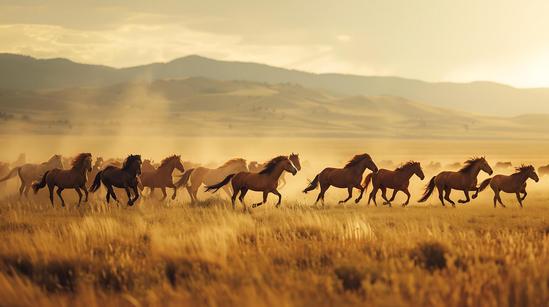 ai generiert wild Pferde Galopp kostenlos unter von der Sonne geküsst Himmel im riesig Wiese foto