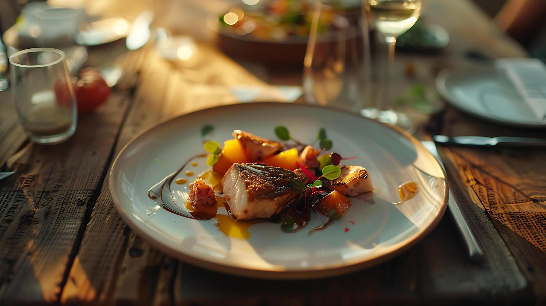 ai generiert Gourmet Mahlzeit plattiert auf hölzern Tabelle Sanft natürlich Beleuchtung schafft einladend Atmosphäre foto