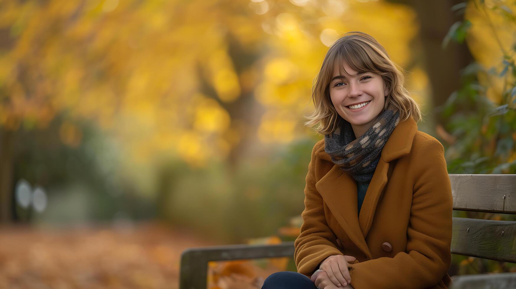 ai generiert Frau umarmt Ruhe inmitten Herbst Laub gerahmt mit 50mm Linse zum einladend Atmosphäre foto