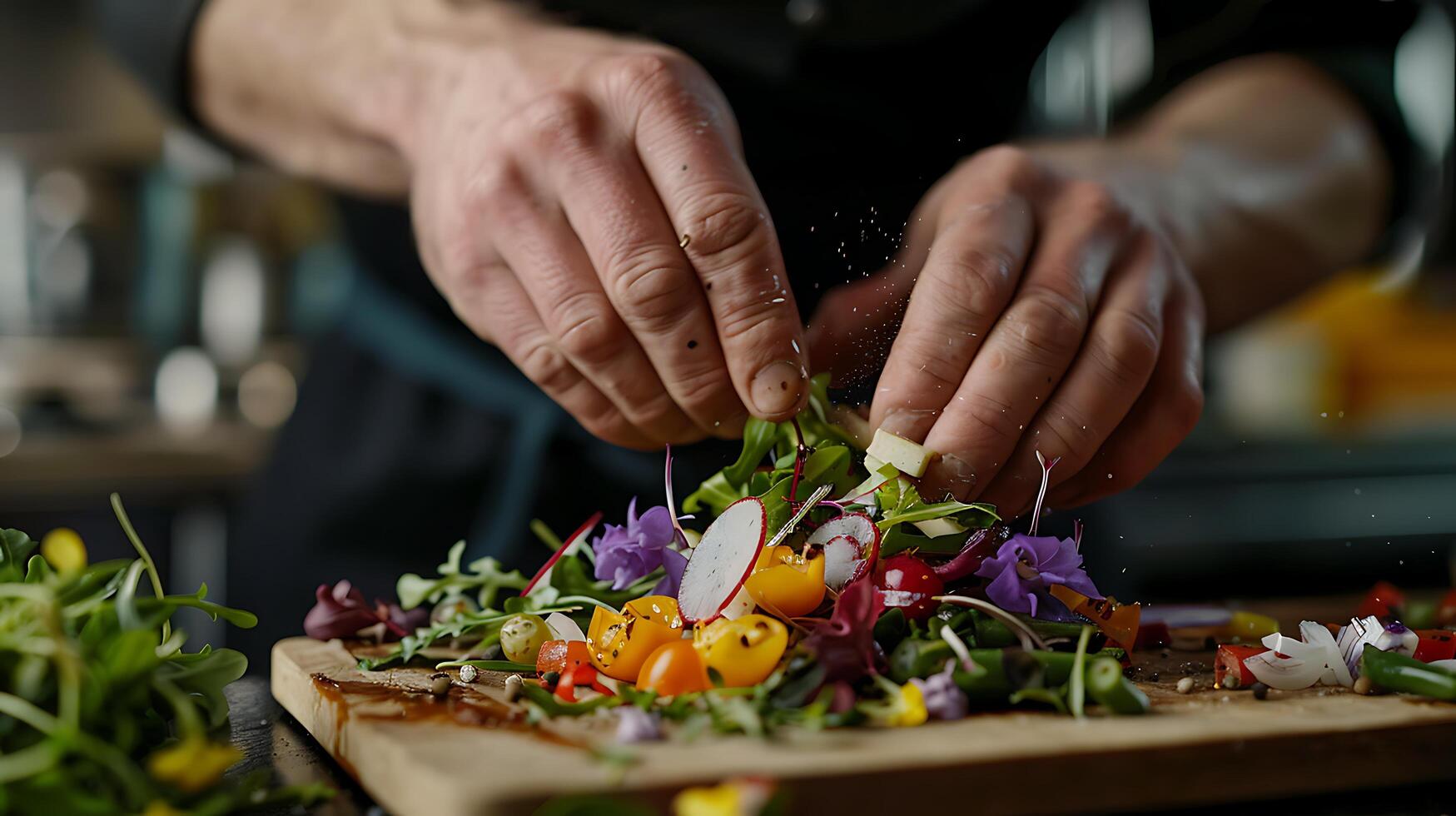 ai generiert Experte Koch schafft beschwingt Salat Meisterstück mit frisch Zutaten gefangen im detailliert Makro Schuss foto