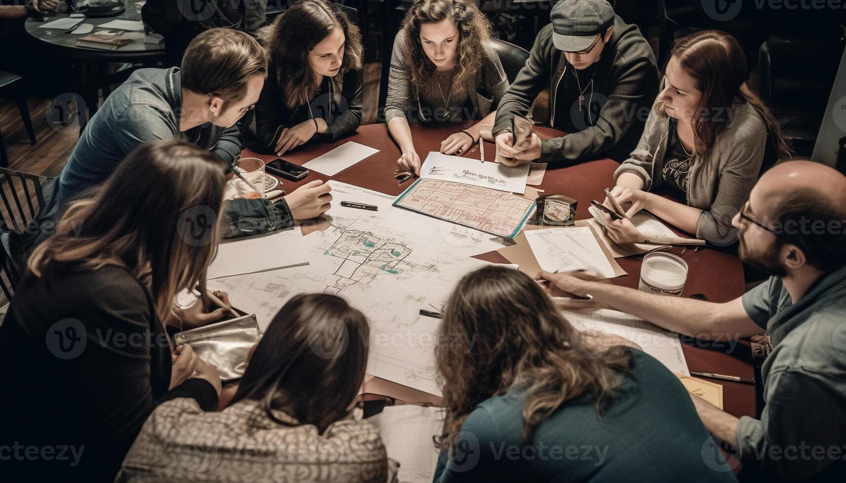 ai generiert ein vielfältig Gruppe von Menschen Sitzung beim ein Tisch, Arbeiten zusammen generiert durch ai foto