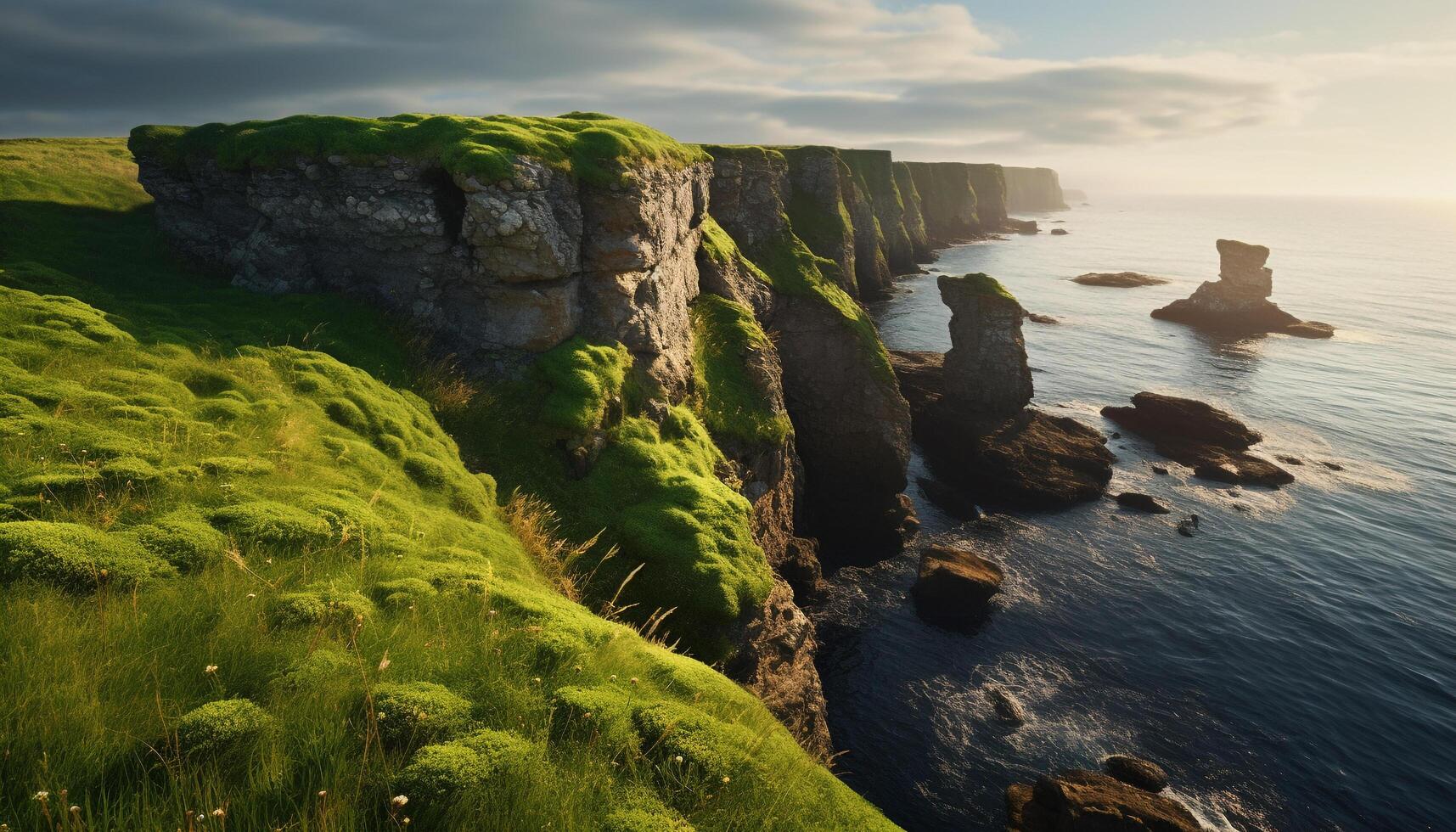 ai generiert majestätisch Cliff, still Meer, Sonnenuntergang Farben Natur generiert durch ai foto