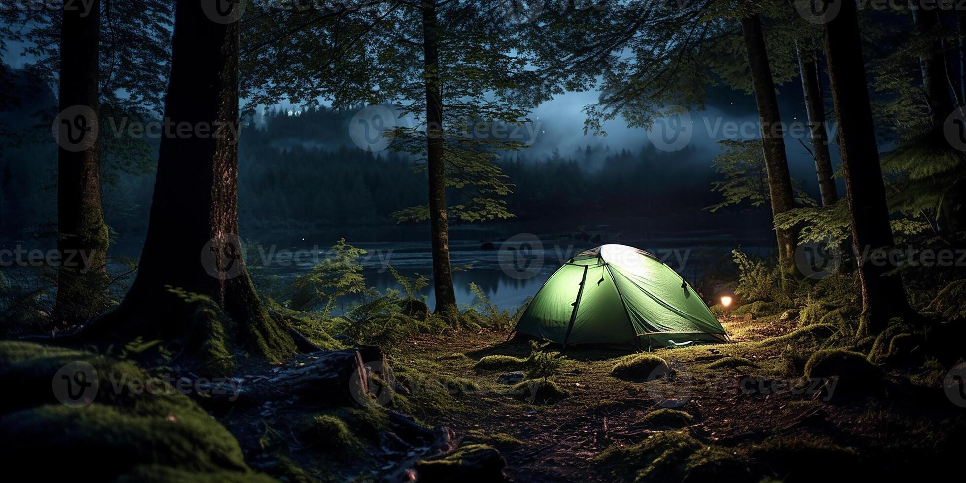 ai generiert fotorealistisch Rendern von über Nacht Camping auf das Strand. Camping foto