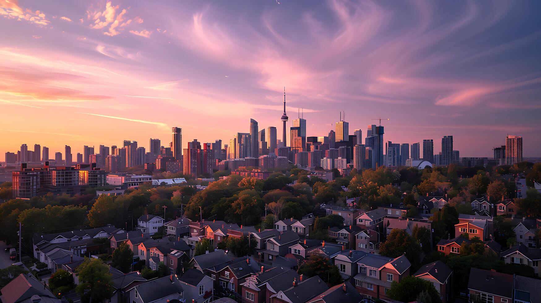 ai generiert beschwingt Stadtbild beim Sonnenuntergang ikonisch Sehenswürdigkeiten geschäftig Straße und Menschen im das Vordergrund foto