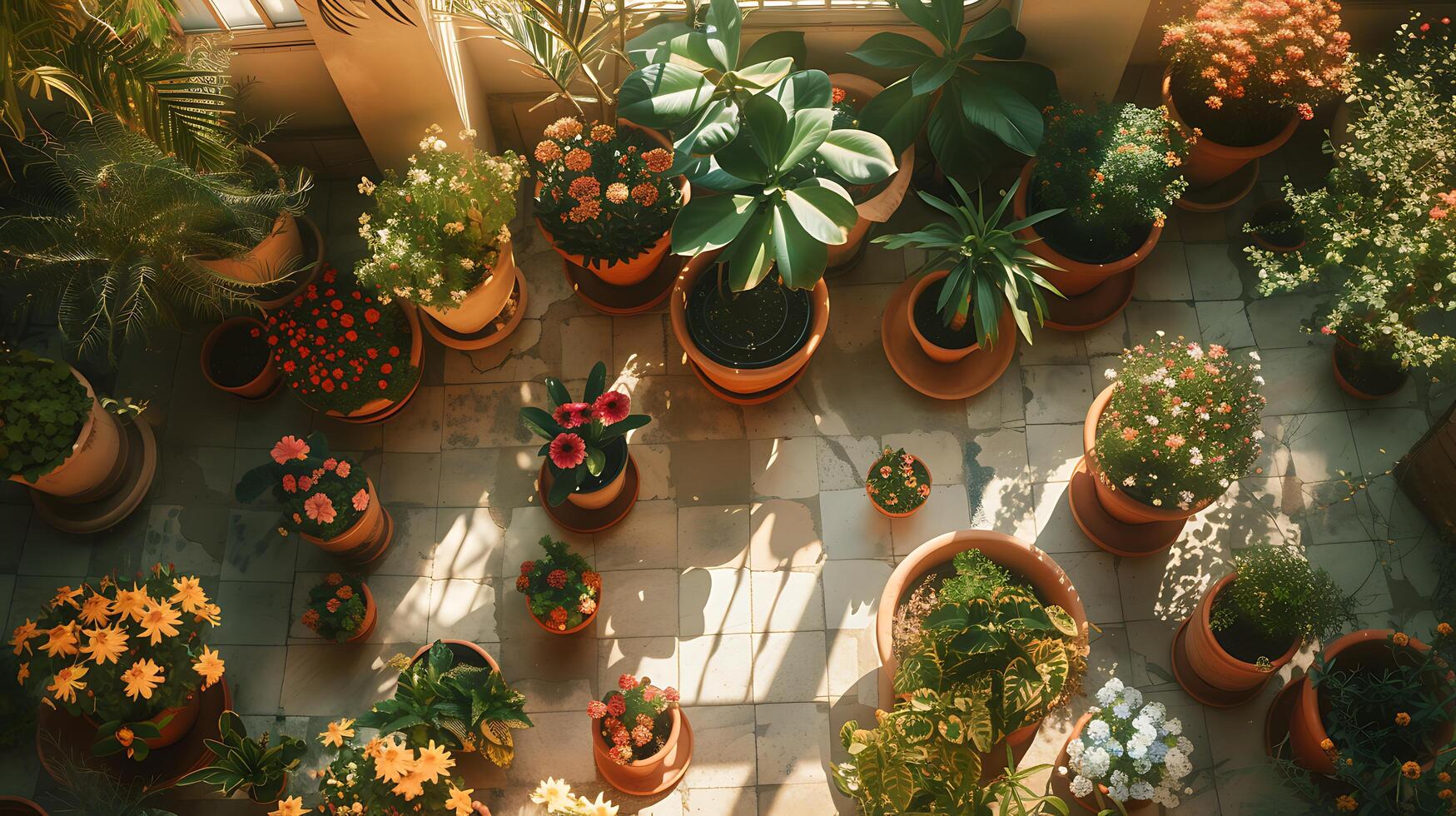 ai generiert beschwingt Array von eingetopft Pflanzen und Blumen sich aalen im Sanft Sonnenlicht auf sonnig Terrasse foto