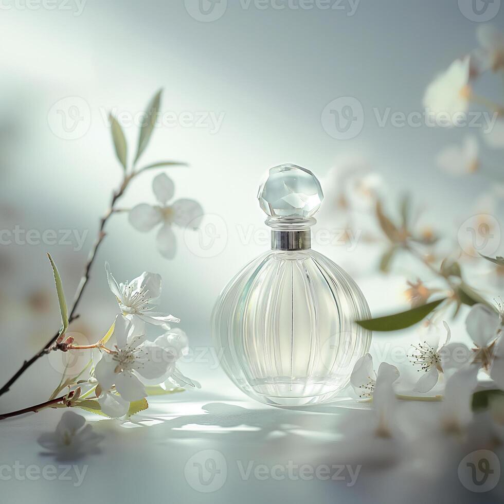 ai generiert verträumt Parfüm Flasche mit Sanft Fokus. sanft glühen. Blumen- berühren. ai generiert. foto