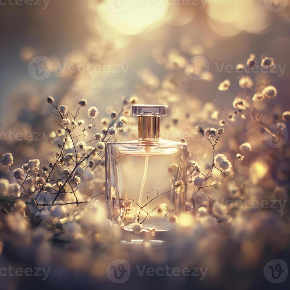 ai generiert verträumt Parfüm Flasche mit Sanft Fokus. sanft glühen. Blumen- berühren. ai generiert. foto