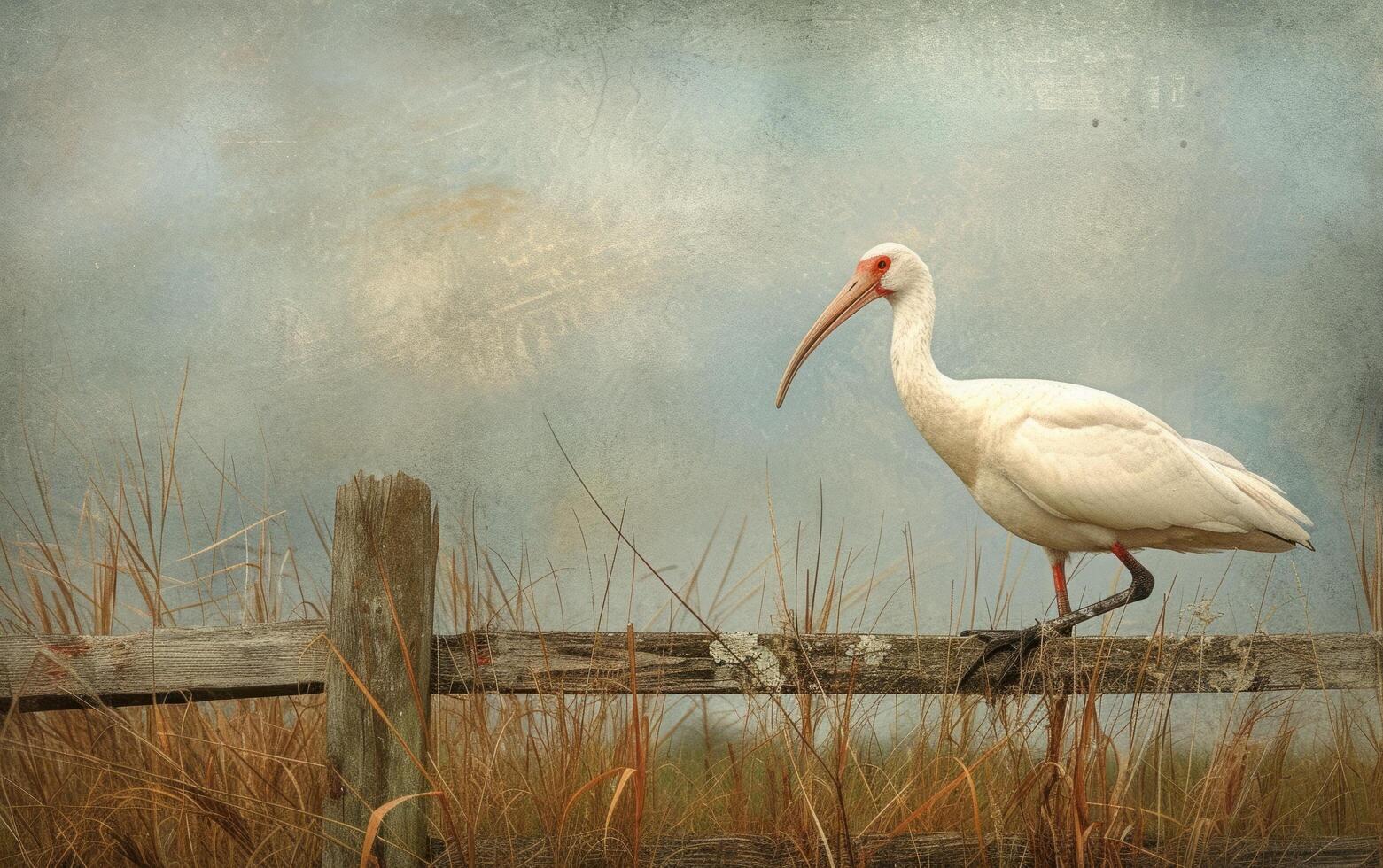 ai generiert ein detailliert Schnappschuss von ein würdevoll Weiß ibis stationiert auf ein alt hölzern Geländer foto