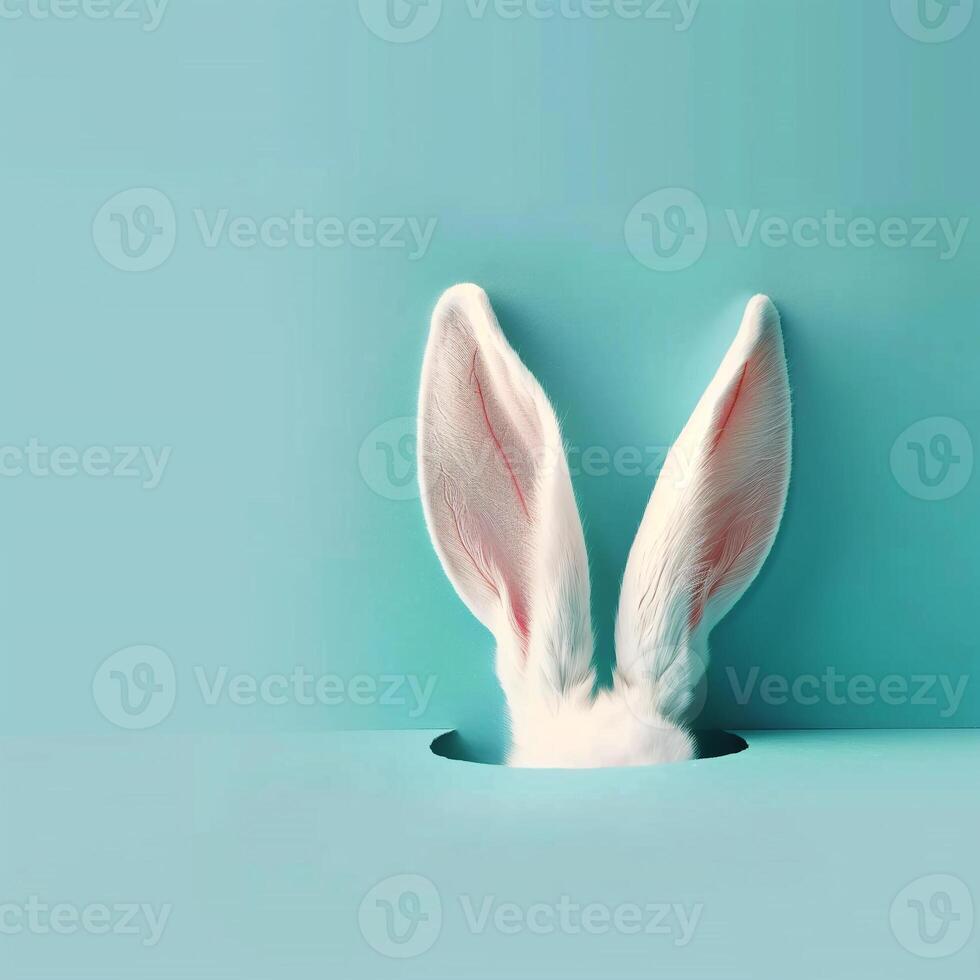 ai generiert Weiß Hase Ohr auf Pastell- Blau Hintergrund foto