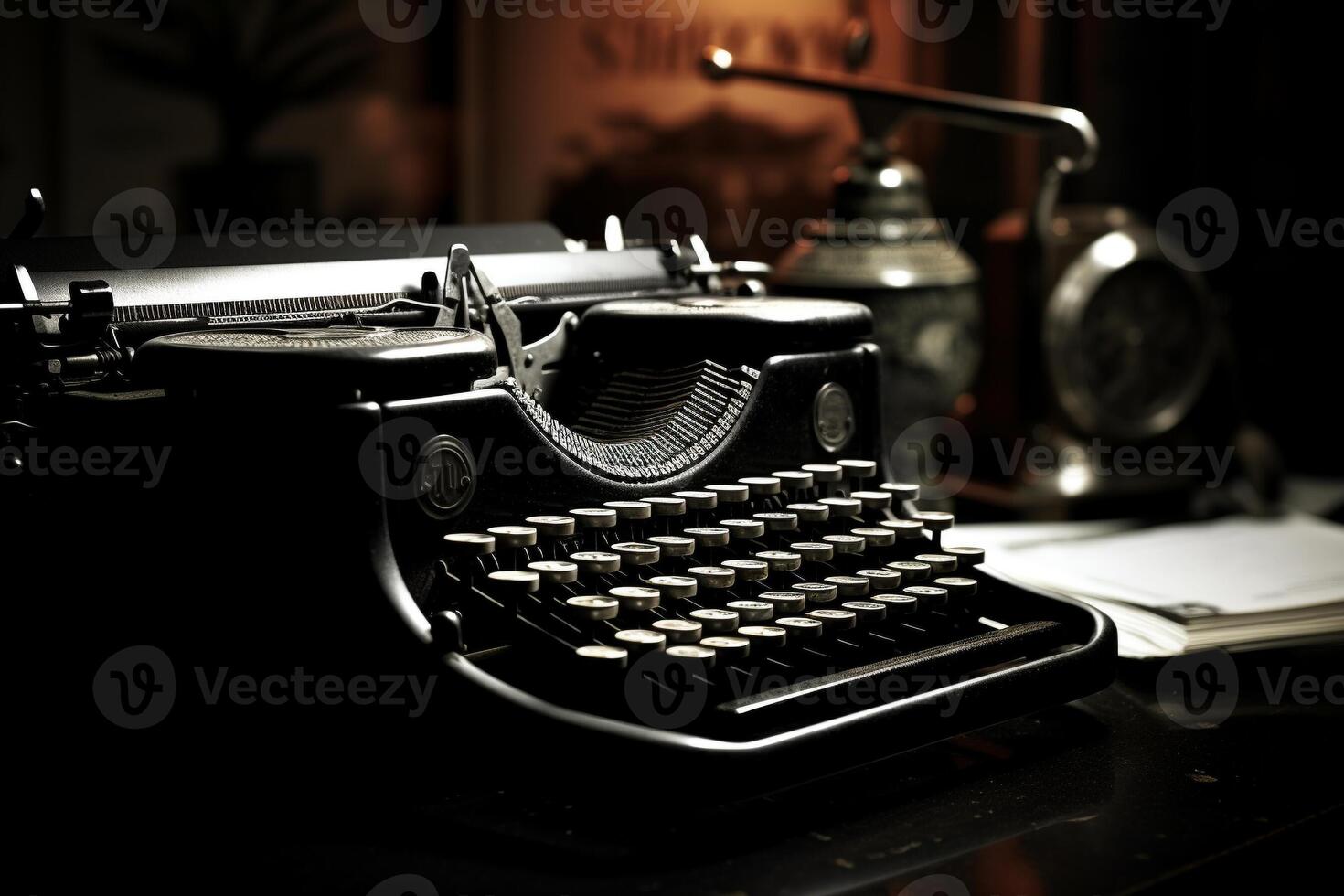 ai generiert Jahrgang Schreibmaschine im Schriftsteller Studie Nahansicht Erfassen Kreativität und Schreiben Wesen auf schwarz Weiß Film foto