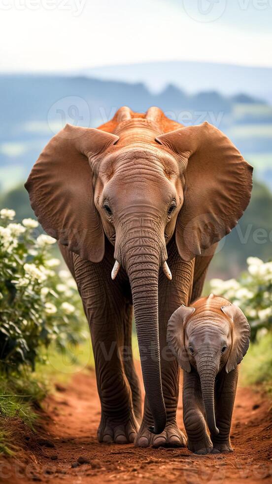 ai generiert ein knuddelig Baby Elefant mit Mutter. Savanne Bummel. ein zärtlich Tierwelt Moment. foto