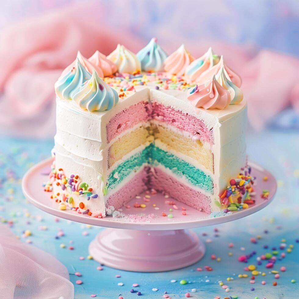 ai generiert schick Regenbogen Sahne Kuchen auf Pastell- Hintergrund foto