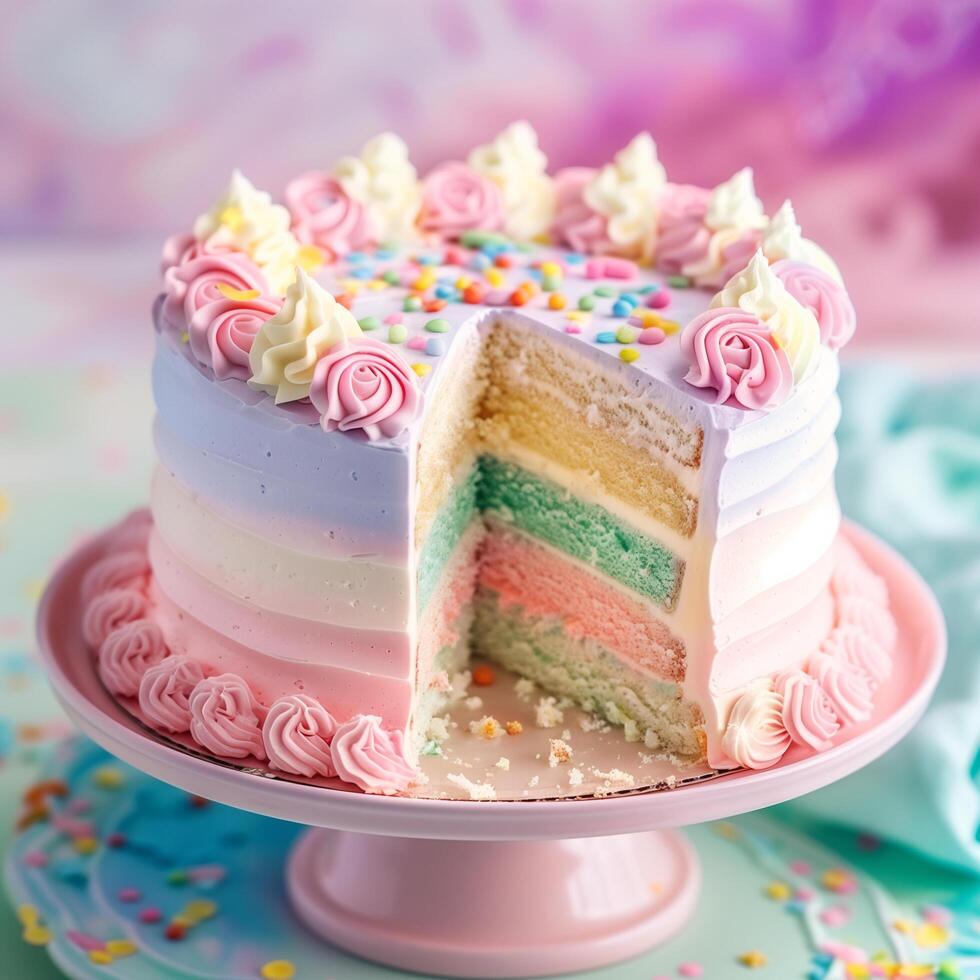 ai generiert schick Regenbogen Sahne Kuchen auf Pastell- Hintergrund foto