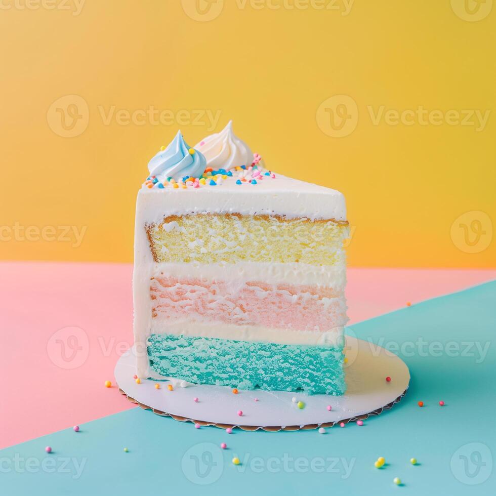 ai generiert schick Regenbogen Sahne Kuchen auf Pastell- Hintergrund foto