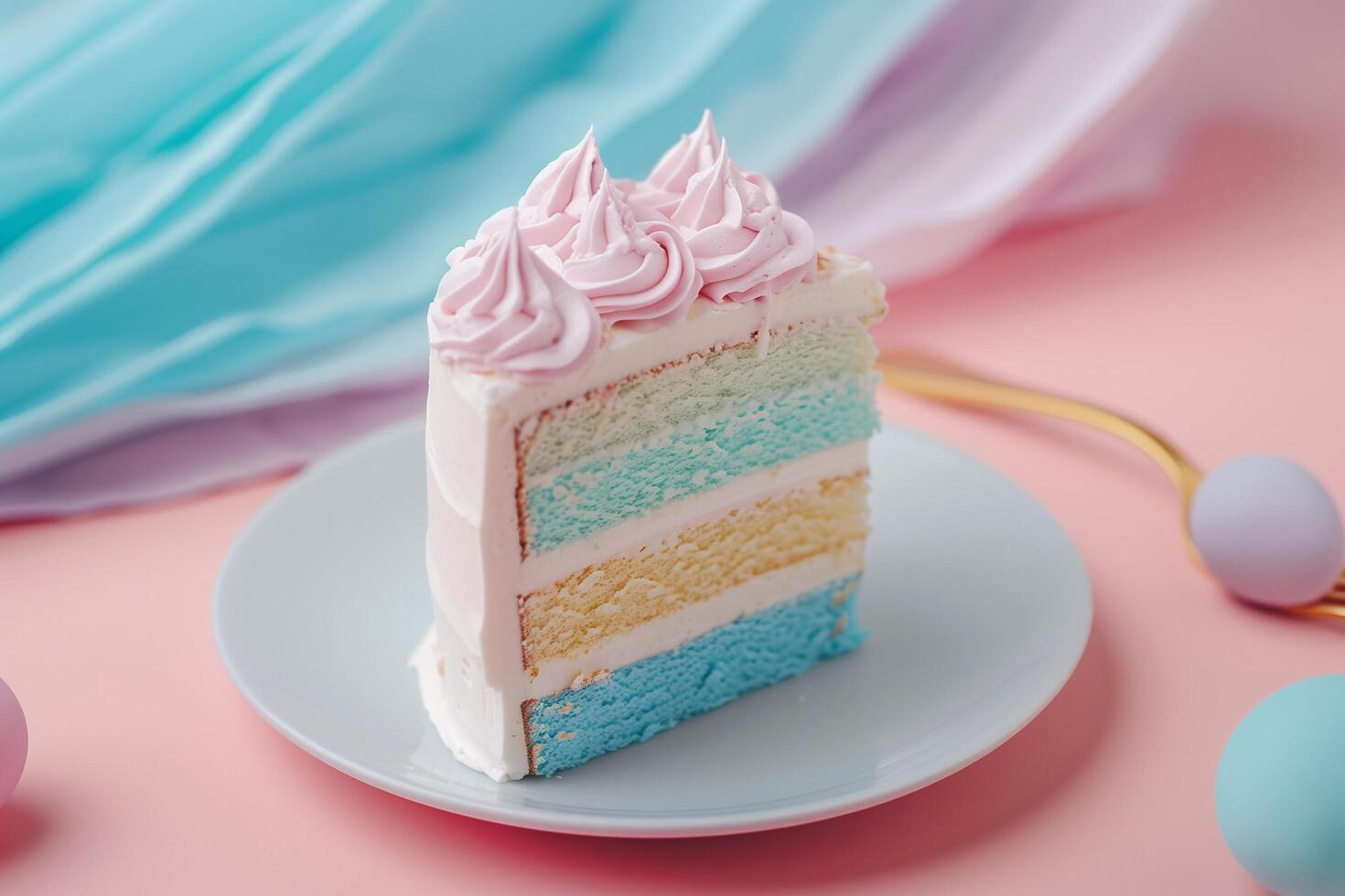 ai generiert schick Regenbogen Sahne Kuchen auf Pastell- Hintergrund foto