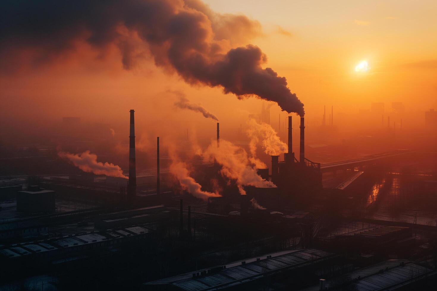 ai generiert schmutzig Luft Verschmutzung Rauch von Fabrik Kamin Sonnenuntergang Zeit Fabrik Emission foto