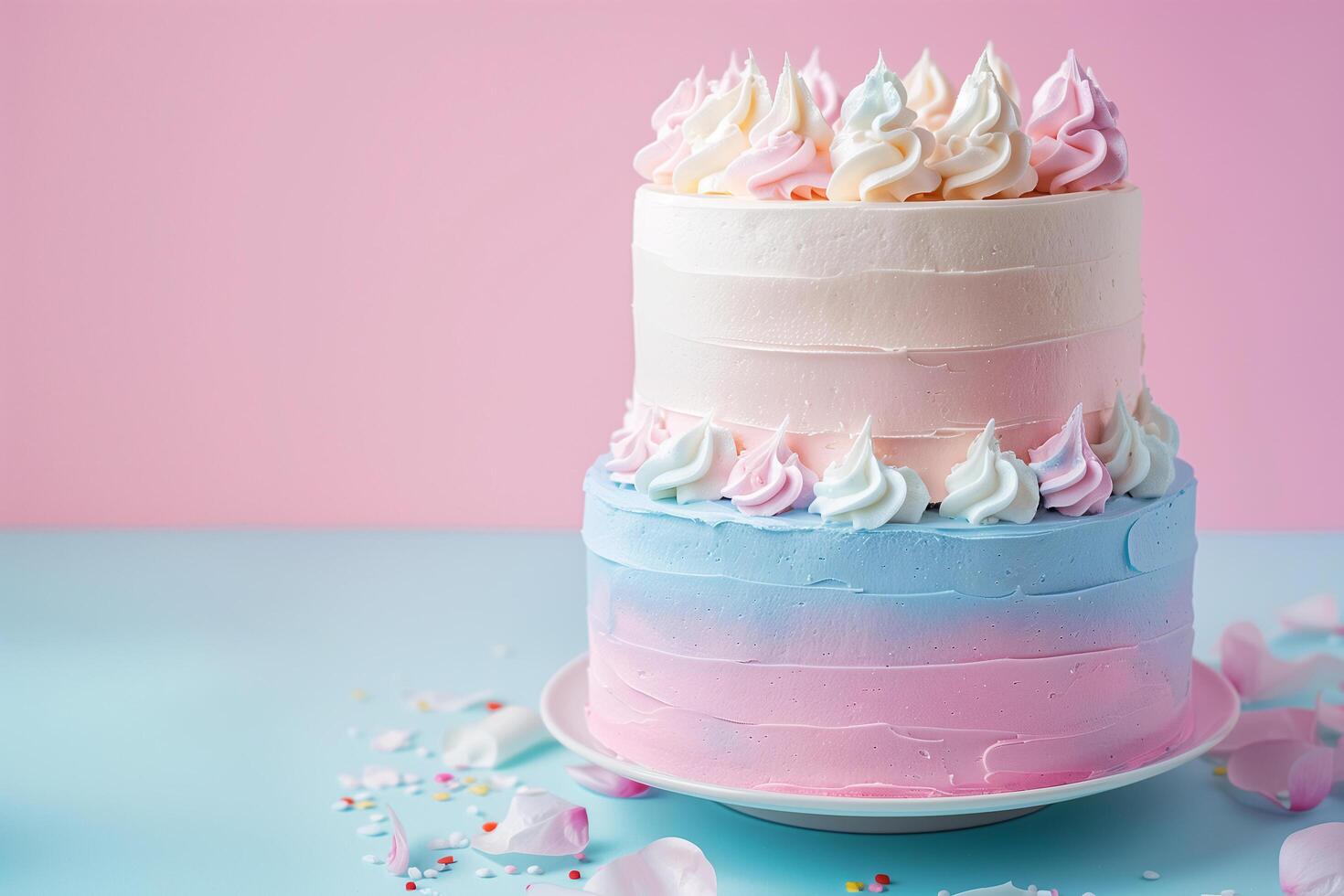 ai generiert schick Regenbogen Sahne Kuchen auf Pastell- Hintergrund foto