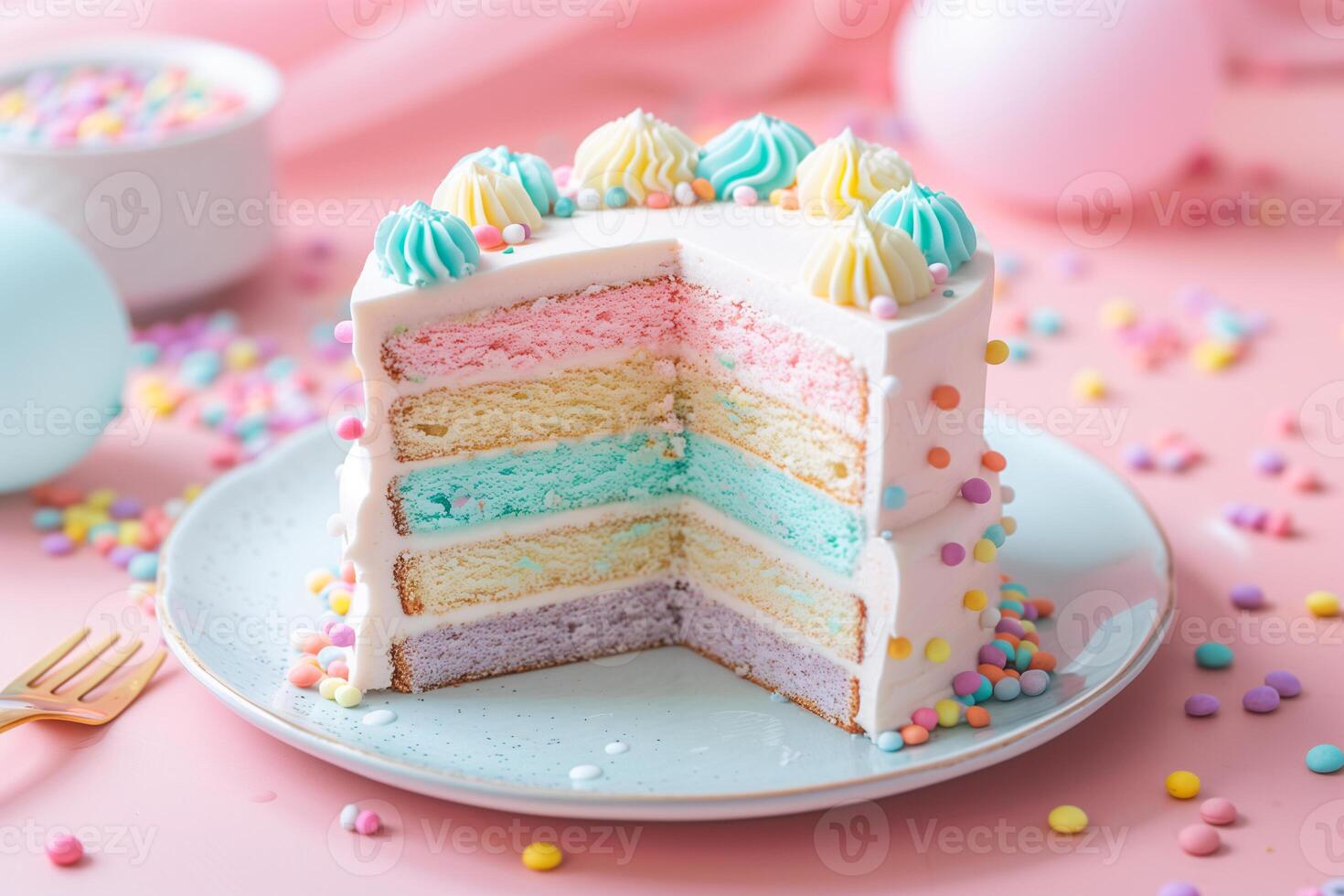 ai generiert schick Regenbogen Sahne Kuchen auf Pastell- Hintergrund foto