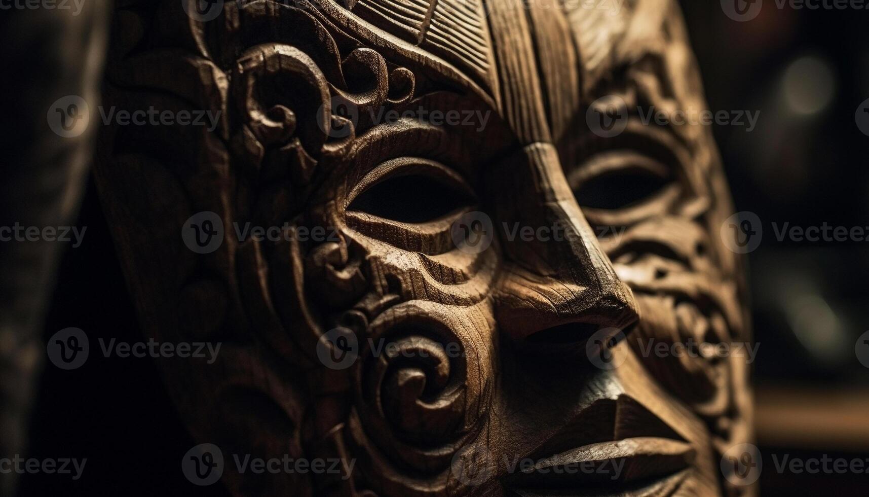 ai generiert uralt afrikanisch Maske Skulptur Vitrinen einheimisch Kultur und Spiritualität generiert durch ai foto