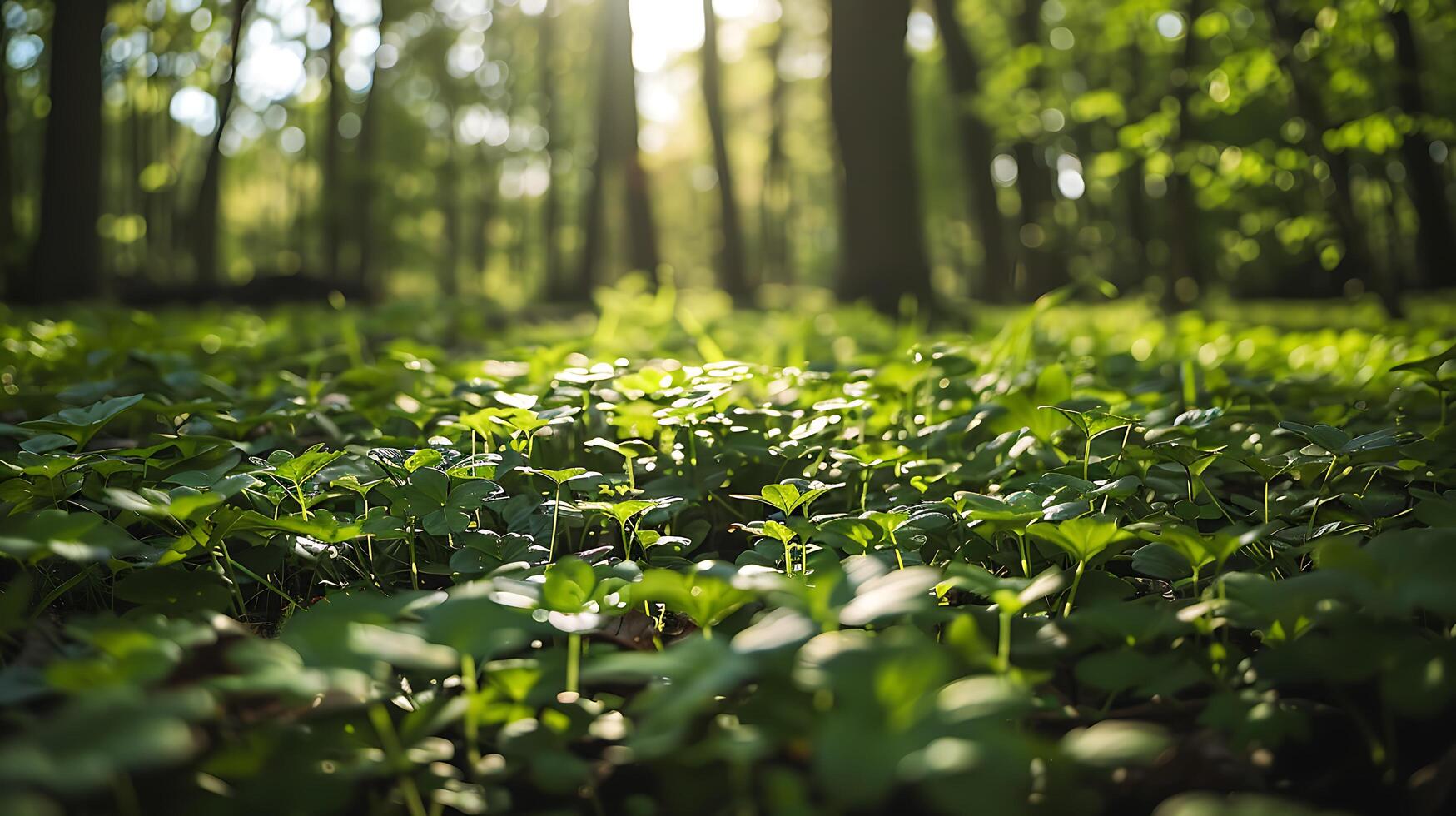 ai generiert sonnendurchflutet Wald üppig Grün und gesprenkelt Muster gefangen im Nahansicht 50mm Schuss foto