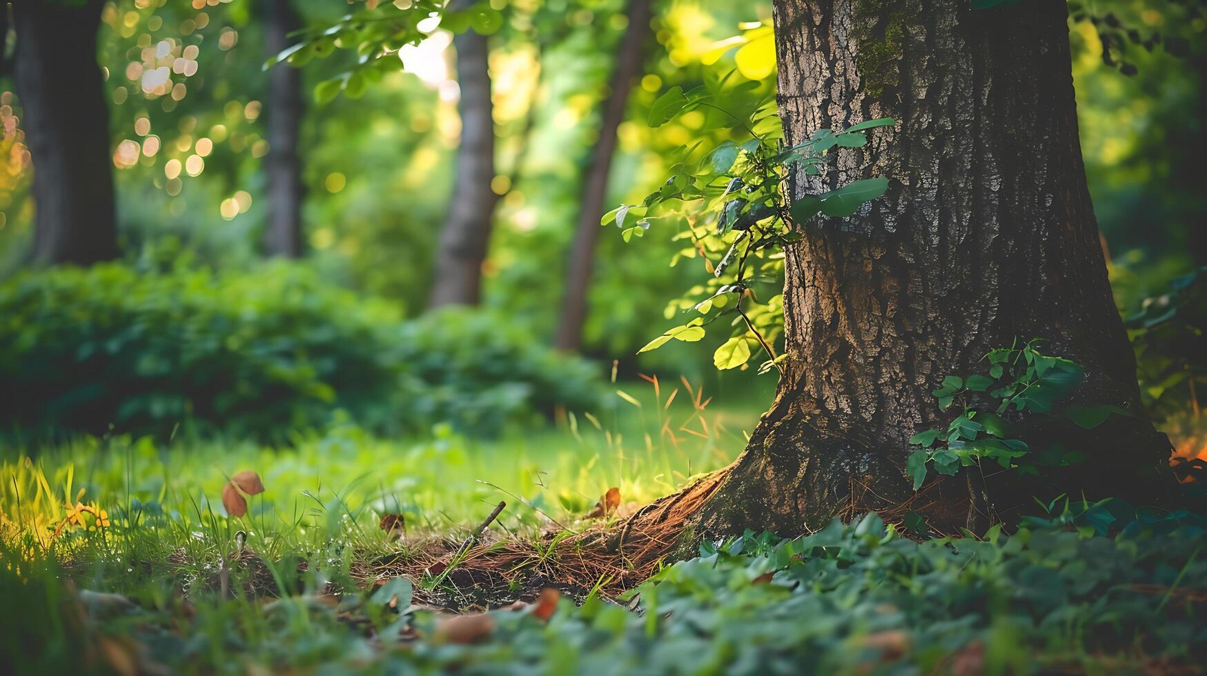 ai generiert üppig Grün Wald Nahansicht von beschwingt Rinde und Laub gefangen mit 50mm Prime Linse foto