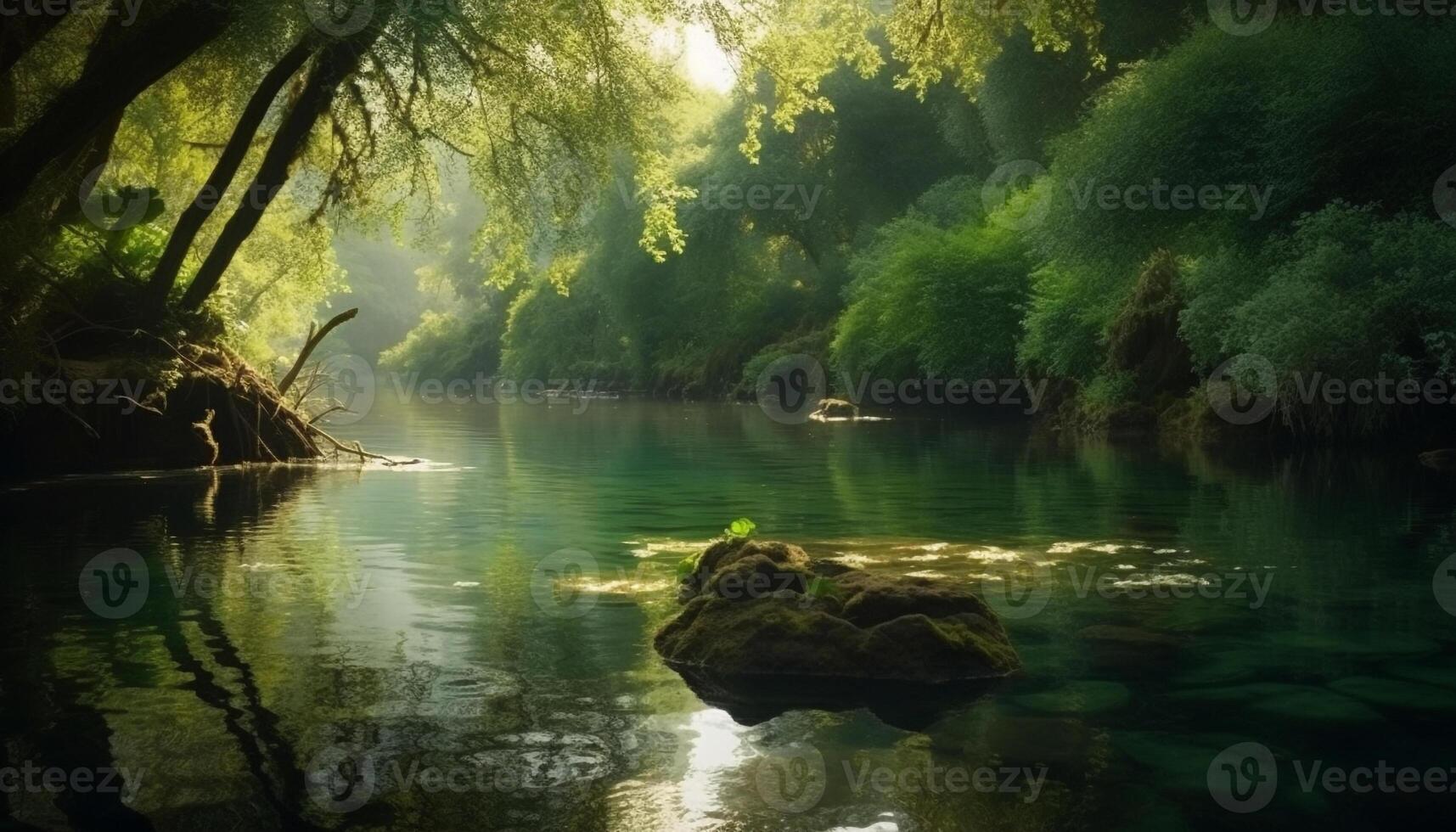 ai generiert still Szene Grün Baum spiegelt im friedlich Teich, Natur Schönheit generiert durch ai foto