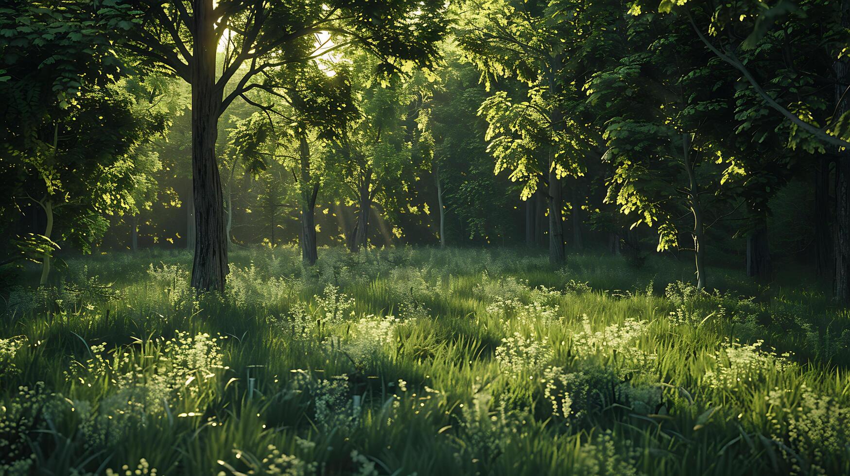 ai generiert sonnendurchflutet Wald abblühen 24mm Linse erfasst üppig Laub und beschwingt Farben im breit Schuss foto