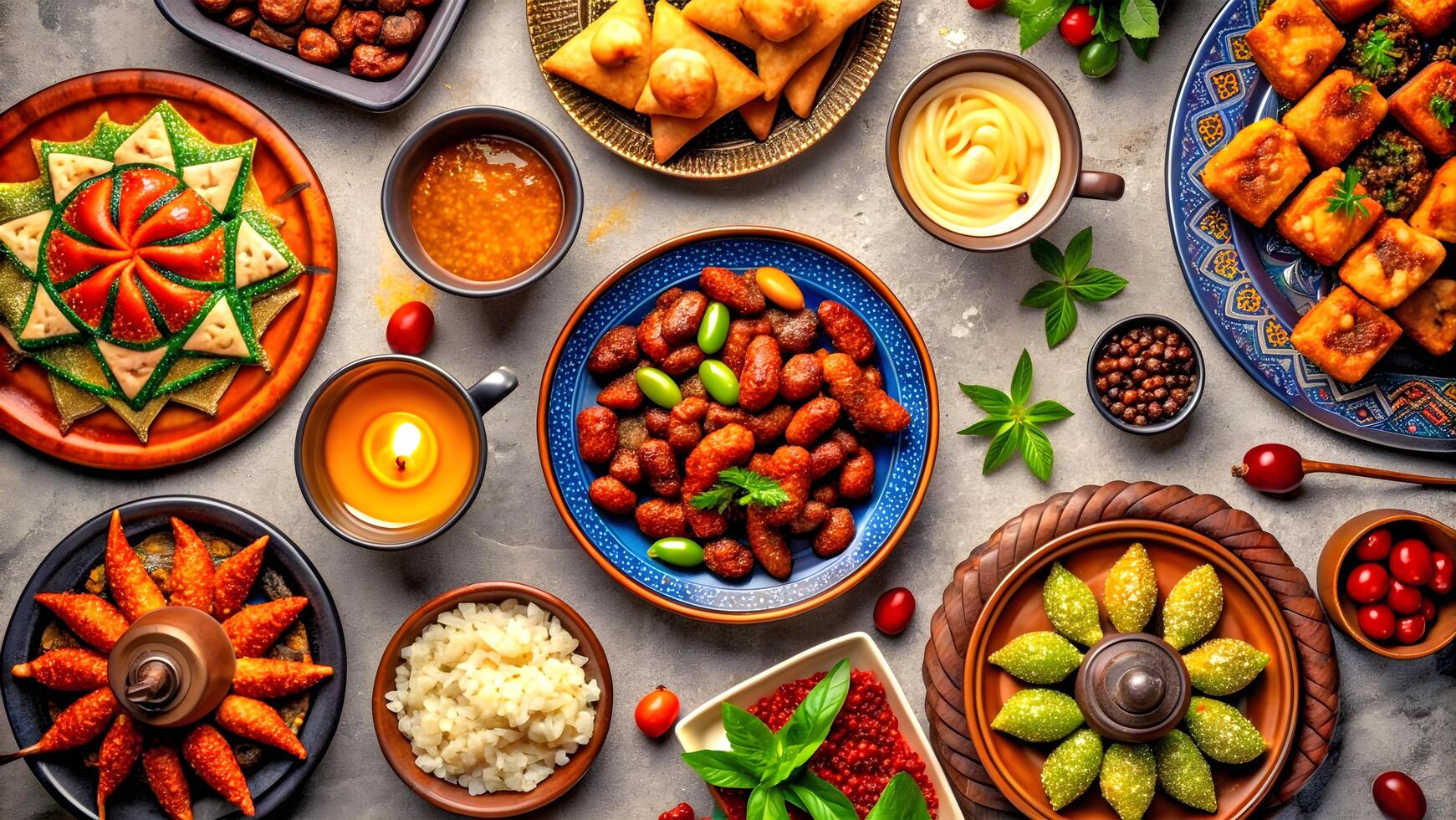 ai generiert Ramadan kareem iftar Tabelle geschmückt mit verlockend festlich Leckereien foto