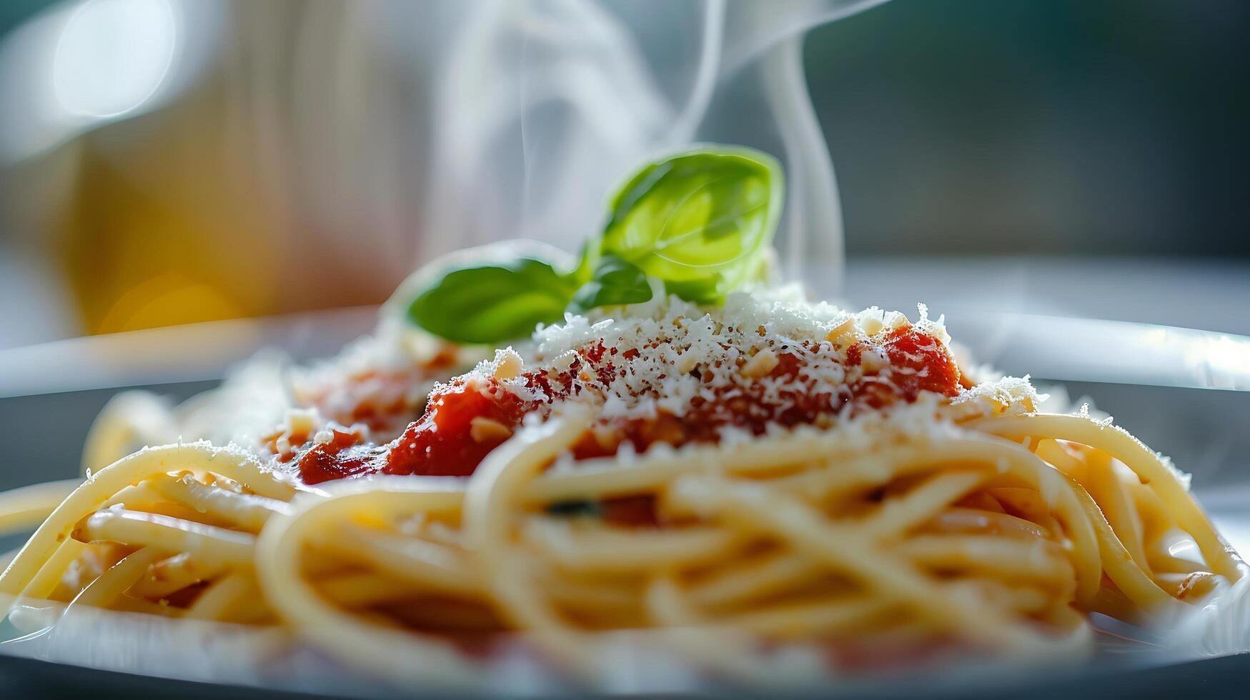 ai generiert dämpfen Spaghetti Freude Nahansicht Schuss erfasst frisch gerieben Parmesan Marinara Soße und Basilikum Blätter foto