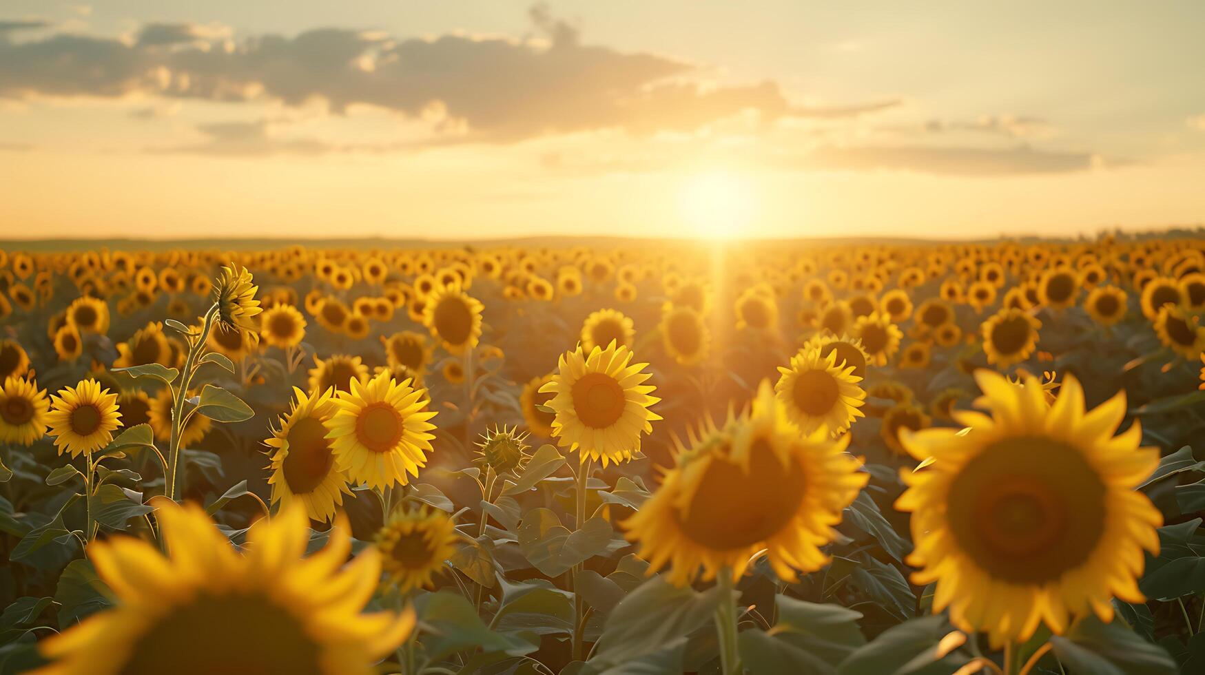 ai generiert golden Sonnenuntergang Über Feld von Blühen Sonnenblumen ein fesselnd breit Schuss foto