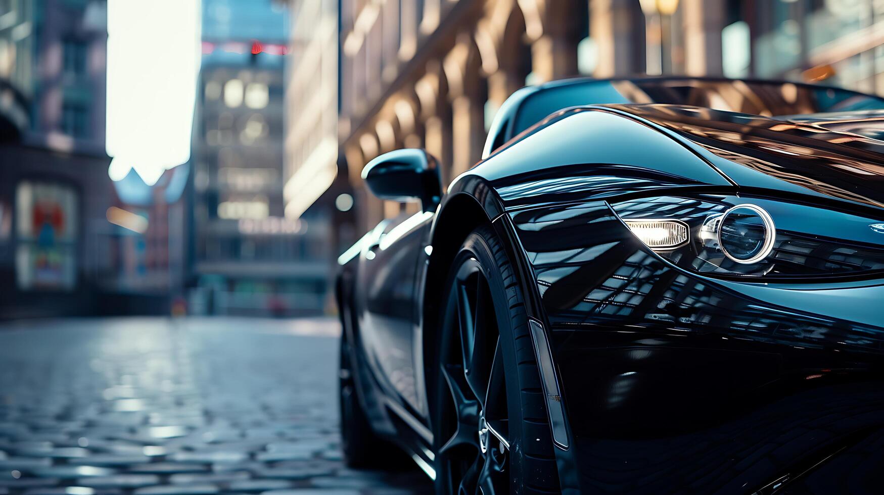 ai generiert glatt schwarz Sport Auto geparkt im städtisch Rahmen mit Stadt Gebäude im Hintergrund foto