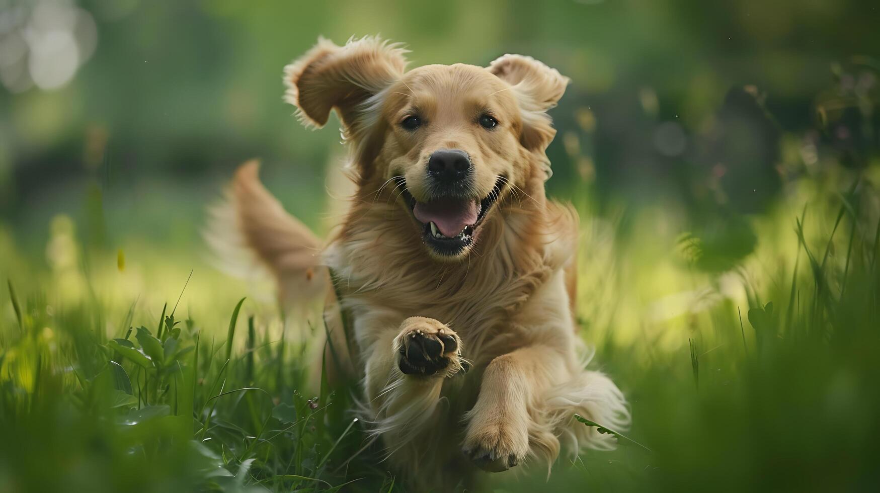 ai generiert glücklich golden Retriever Grenzen durch Feld gebadet im Sanft natürlich Licht gefangen mit 50mm Linse foto