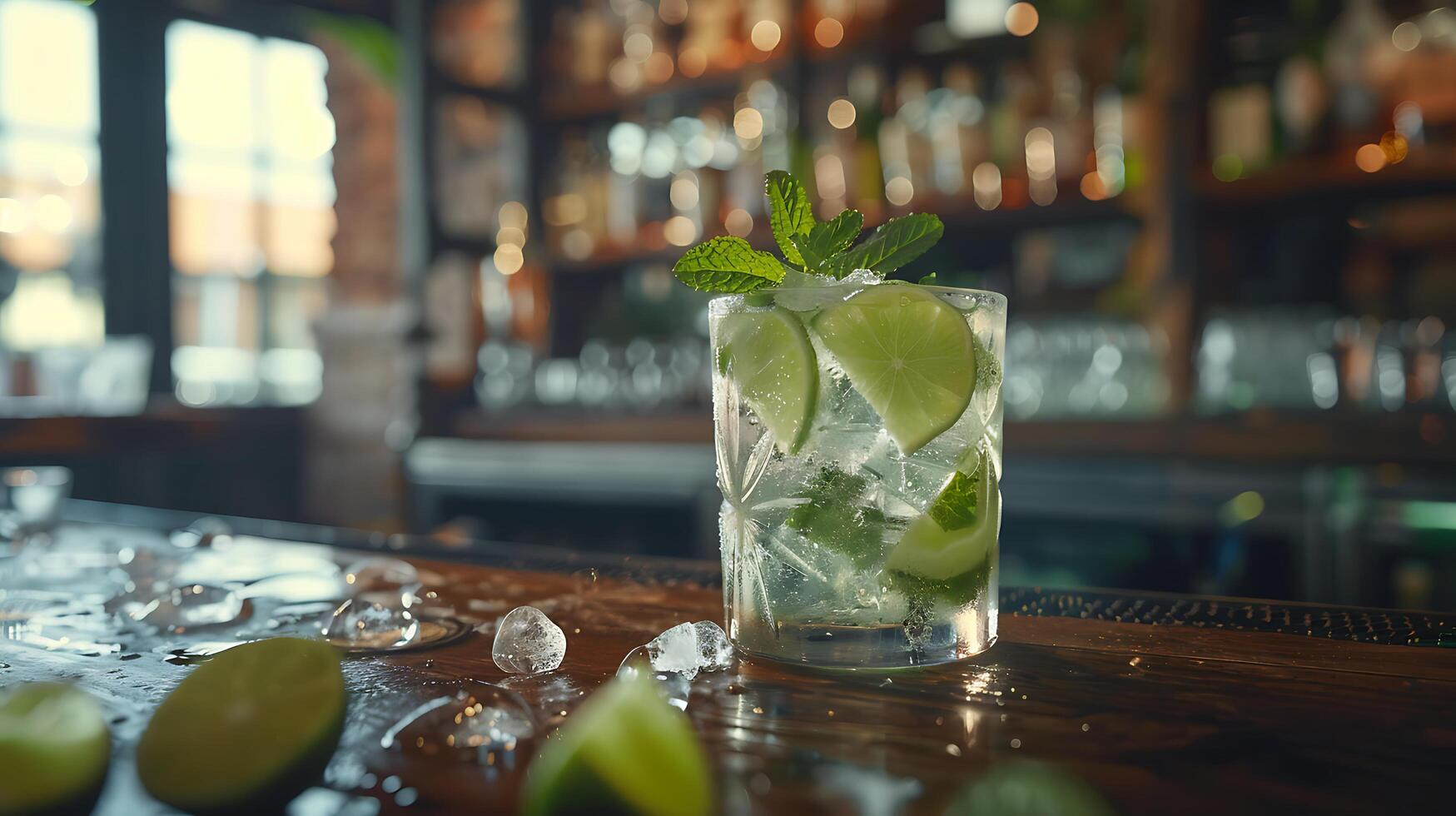 ai generiert erfrischend Mojito Cocktail garniert mit Limette und Minze gefangen im Nahansicht gegen tropisch Strand Hintergrund foto