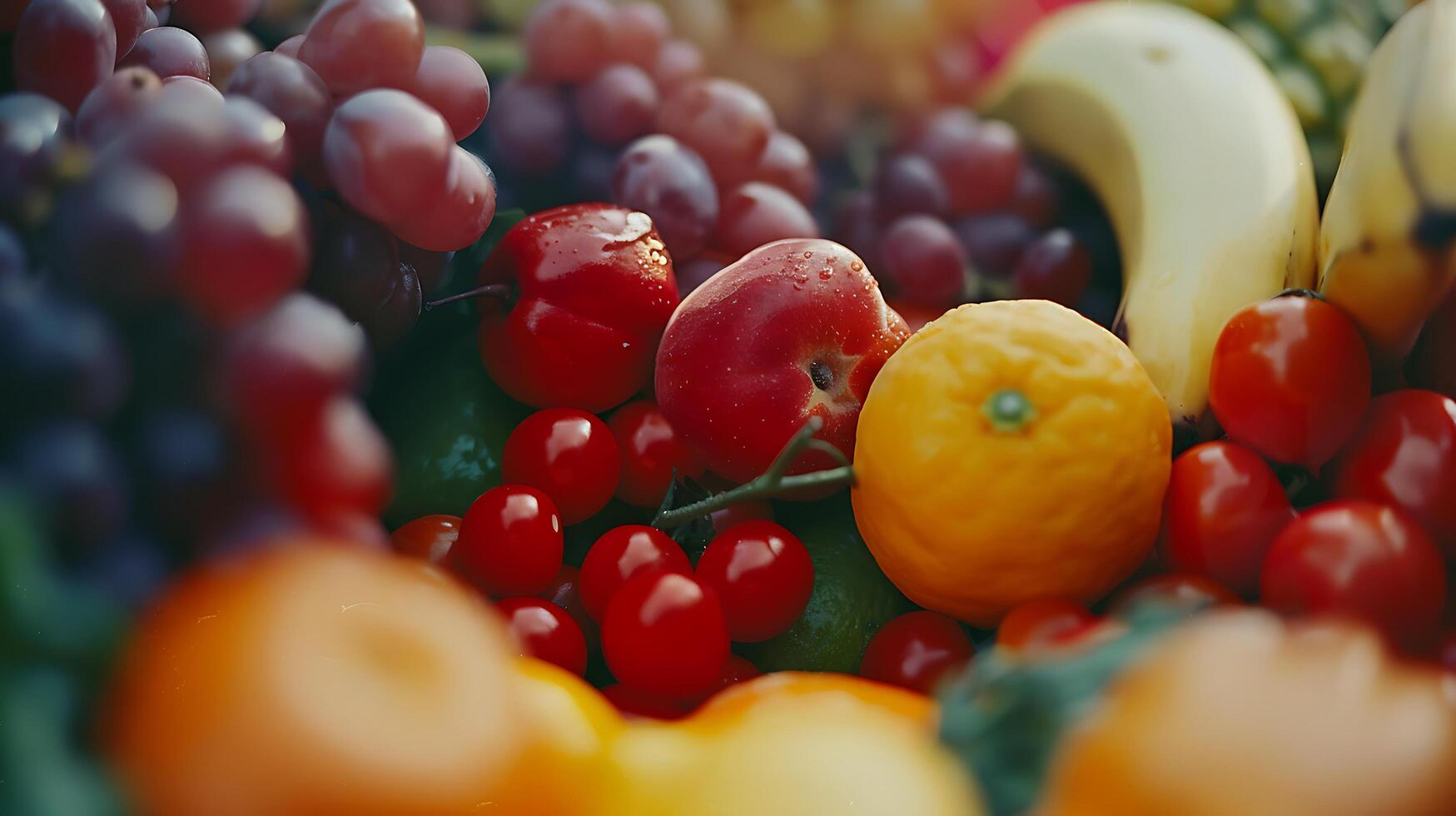 ai generiert beschwingt Array von frisch Früchte und Gemüse verbessert durch Sanft natürlich Licht foto