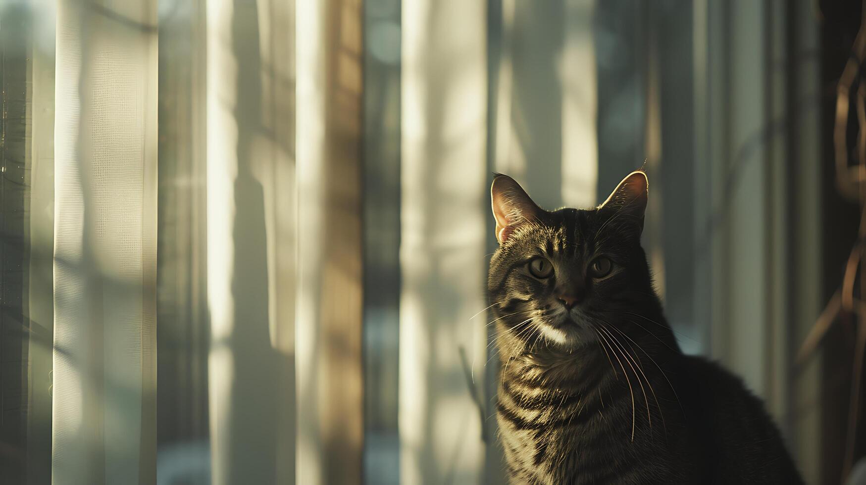 ai generiert neugierig Katze späht von sonnendurchflutet Leben Zimmer Pflanze foto