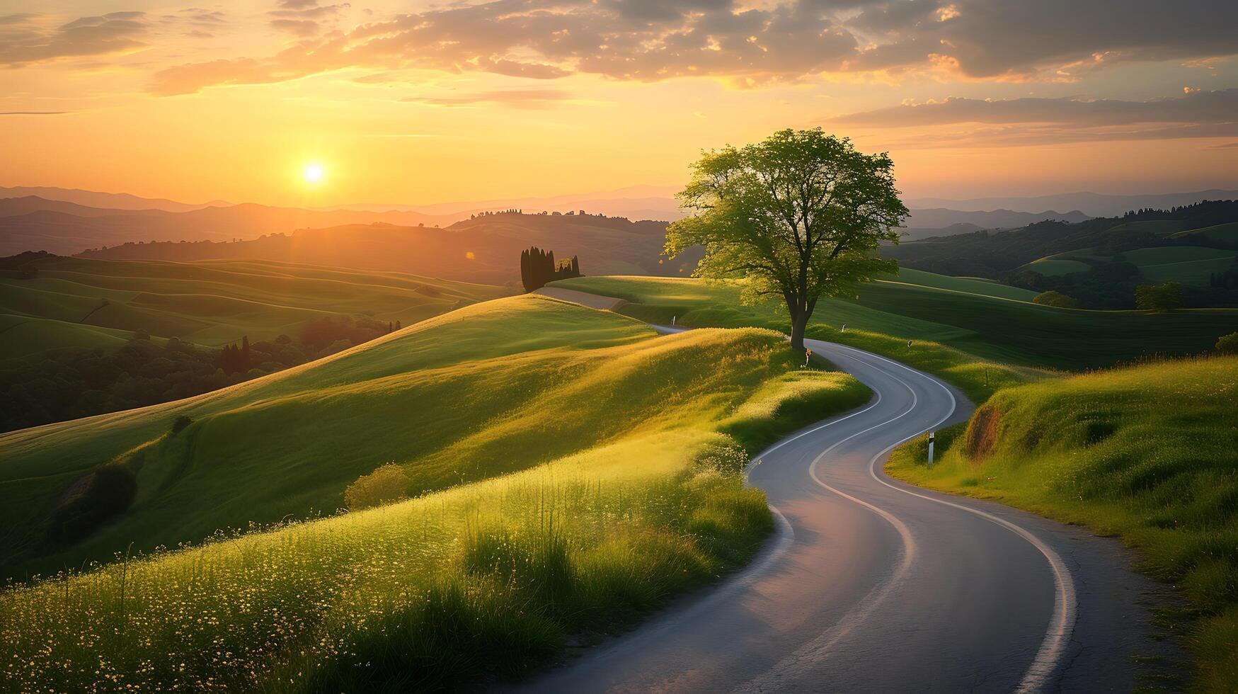 ai generiert belastbar Baum umarmt Sonnenuntergang auf Wicklung Straße durch üppig Hügel hervorrufen Wachstum und Transformation foto