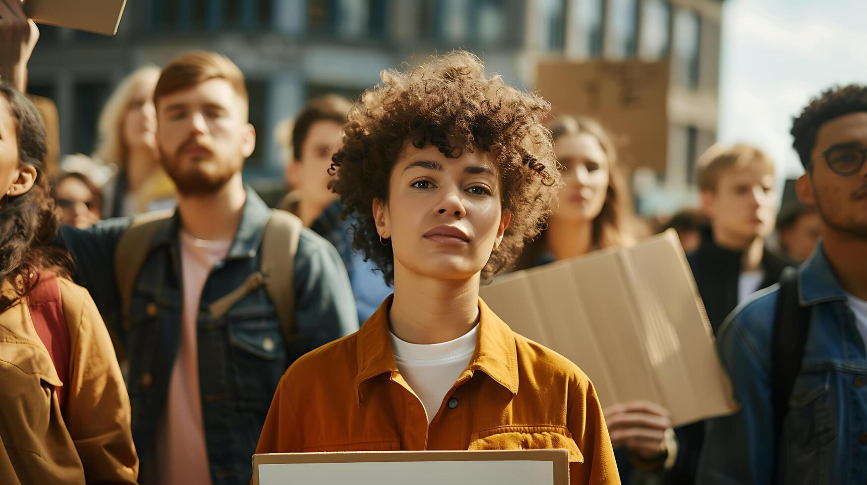 ai generiert vielfältig Gruppe Märsche mit Protest Zeichen im städtisch Rahmen gebadet im Sanft natürlich Licht foto