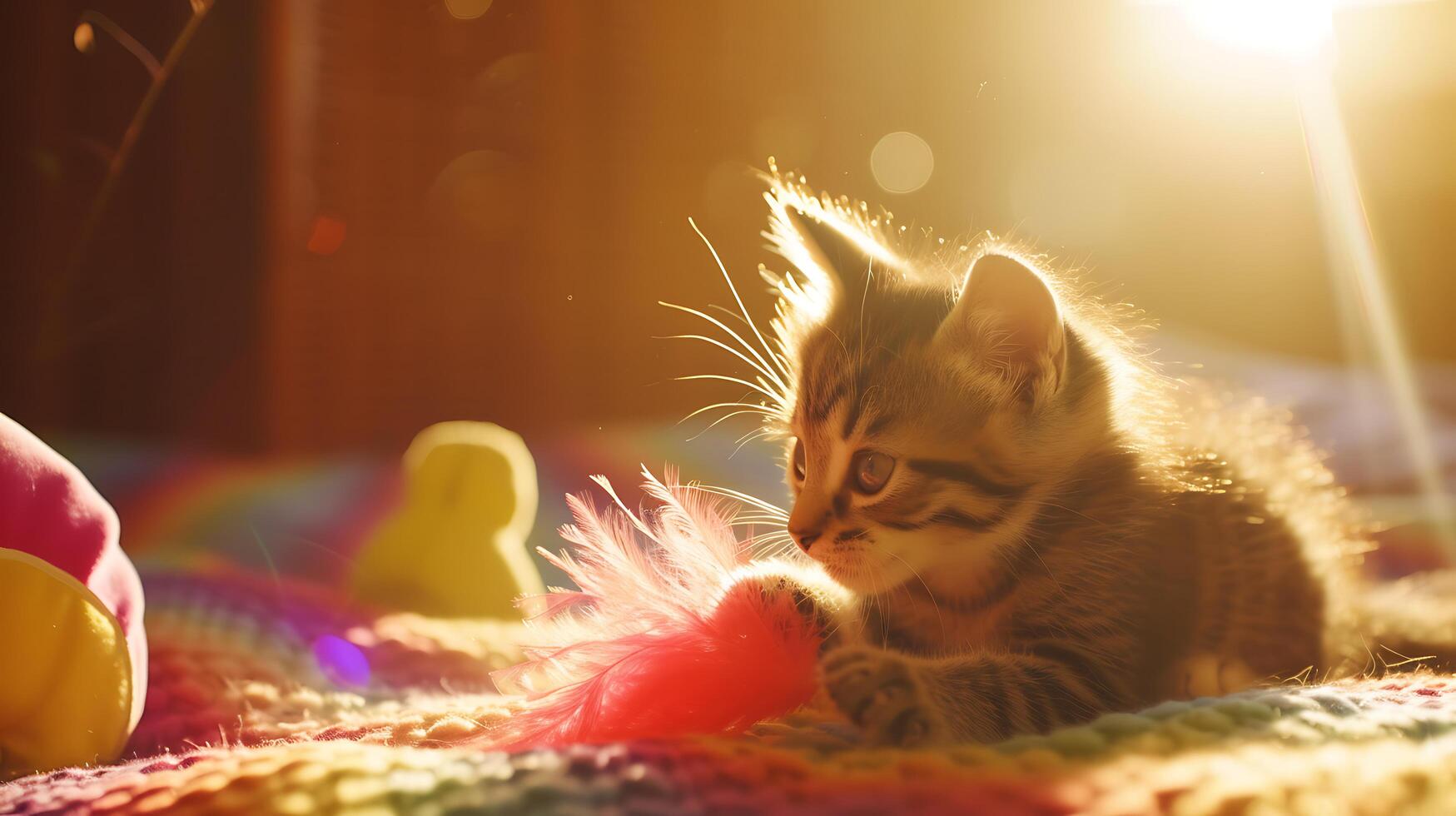 ai generiert spielerisch Kätzchen stürzt auf bunt Feder Spielzeug gebadet im Sonnenlicht Umarmen unschuldig Freude foto