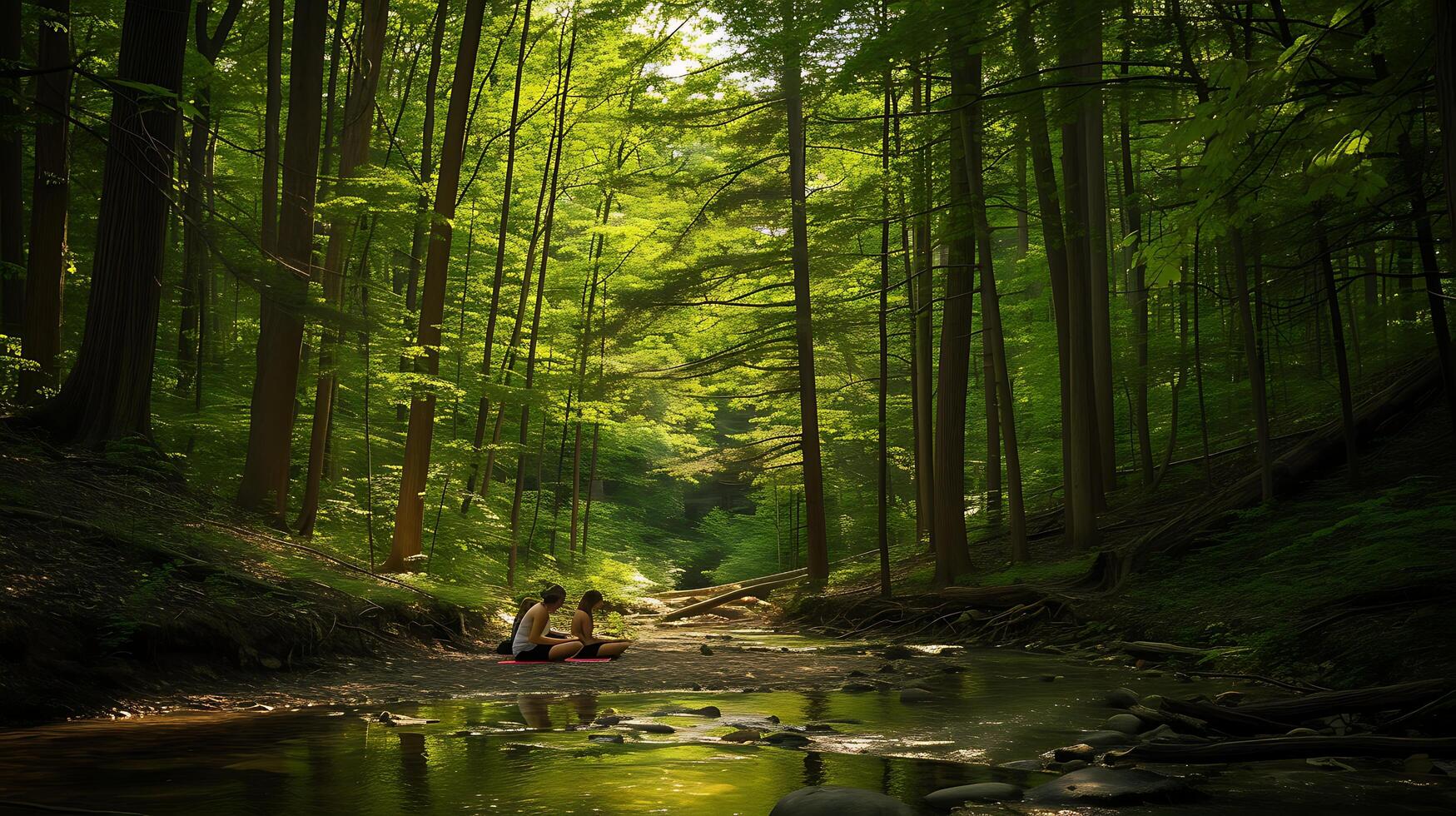 ai generiert still Wald Rückzug Yoga Tagebuch schreiben und achtsam Aktivitäten inmitten heiter natürlich Ambiente foto