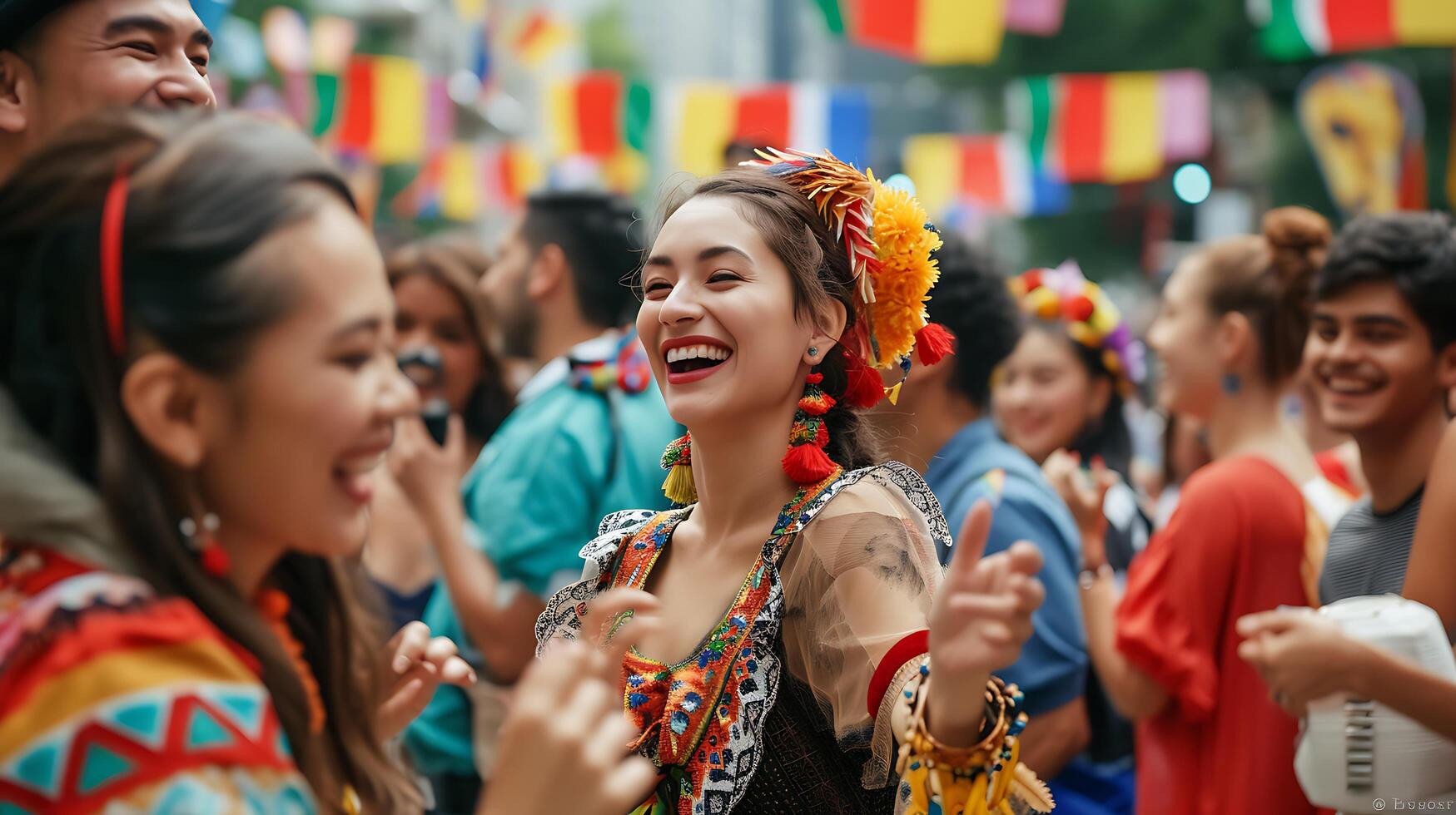 ai generiert global kulturell Feier Einheit im Vielfalt beschwingt Stadt Platz gefüllt mit Musik- Lachen und bunt Kleidung foto