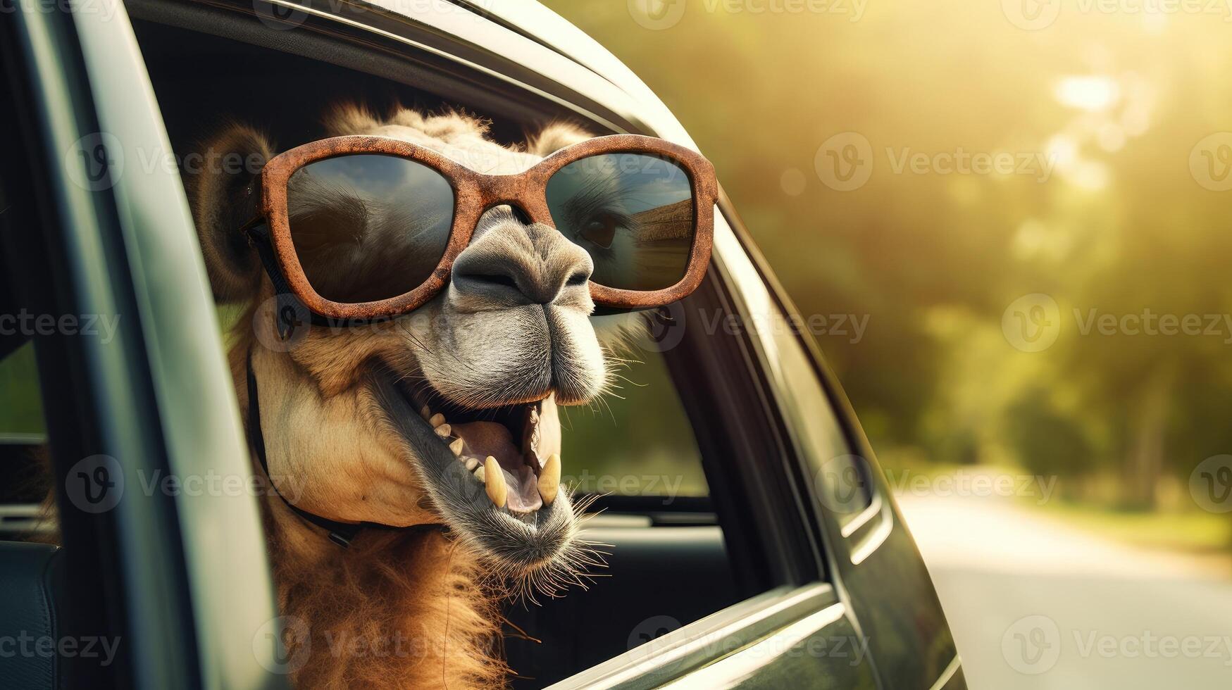 ai generiert froh Kamel genießt Auto Fahrt, Kopf aus Fenster mit Gläser, ai generiert foto